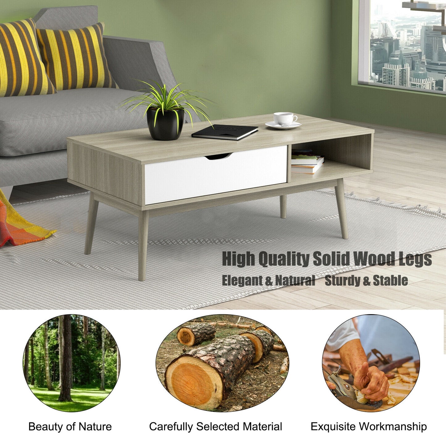 Industrial Style Coffee Table with Storage Drawer and Open Shelves