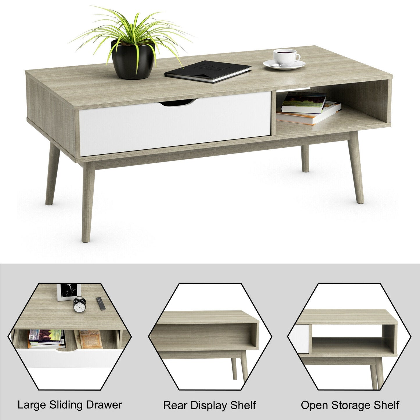 Industrial Style Coffee Table with Storage Drawer and Open Shelves