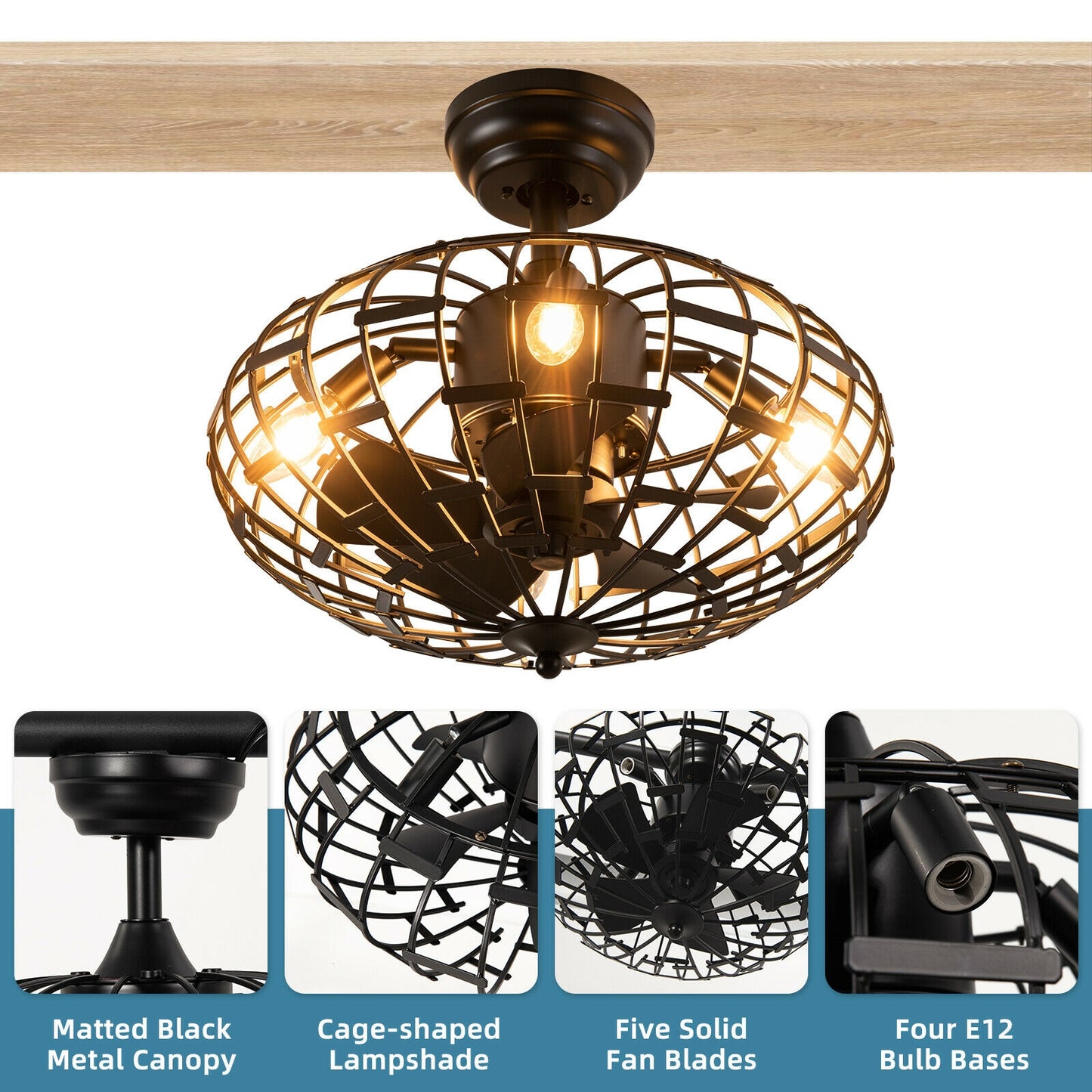 5 Blade Enclosed Ceiling Fan with Light & Remote Control for Modern Living