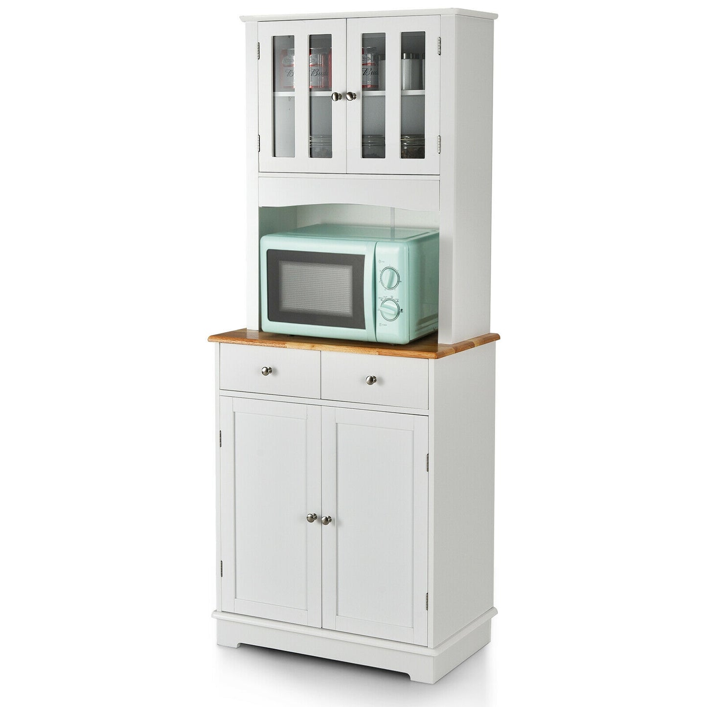 Tall Kitchen Pantry Cabinet with Glass Doors Adjustable Shelves and Wood Countertop Hutch