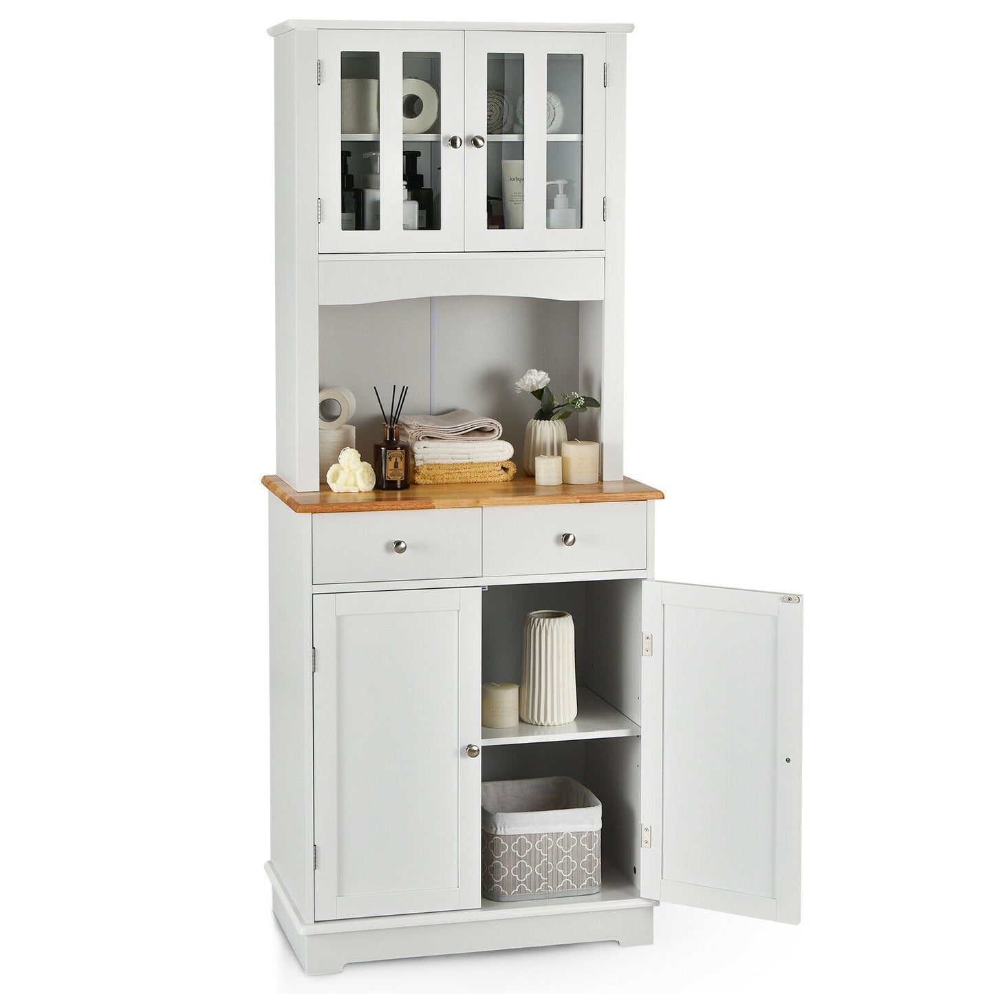 Tall Kitchen Pantry Cabinet with Glass Doors Adjustable Shelves and Wood Countertop Hutch