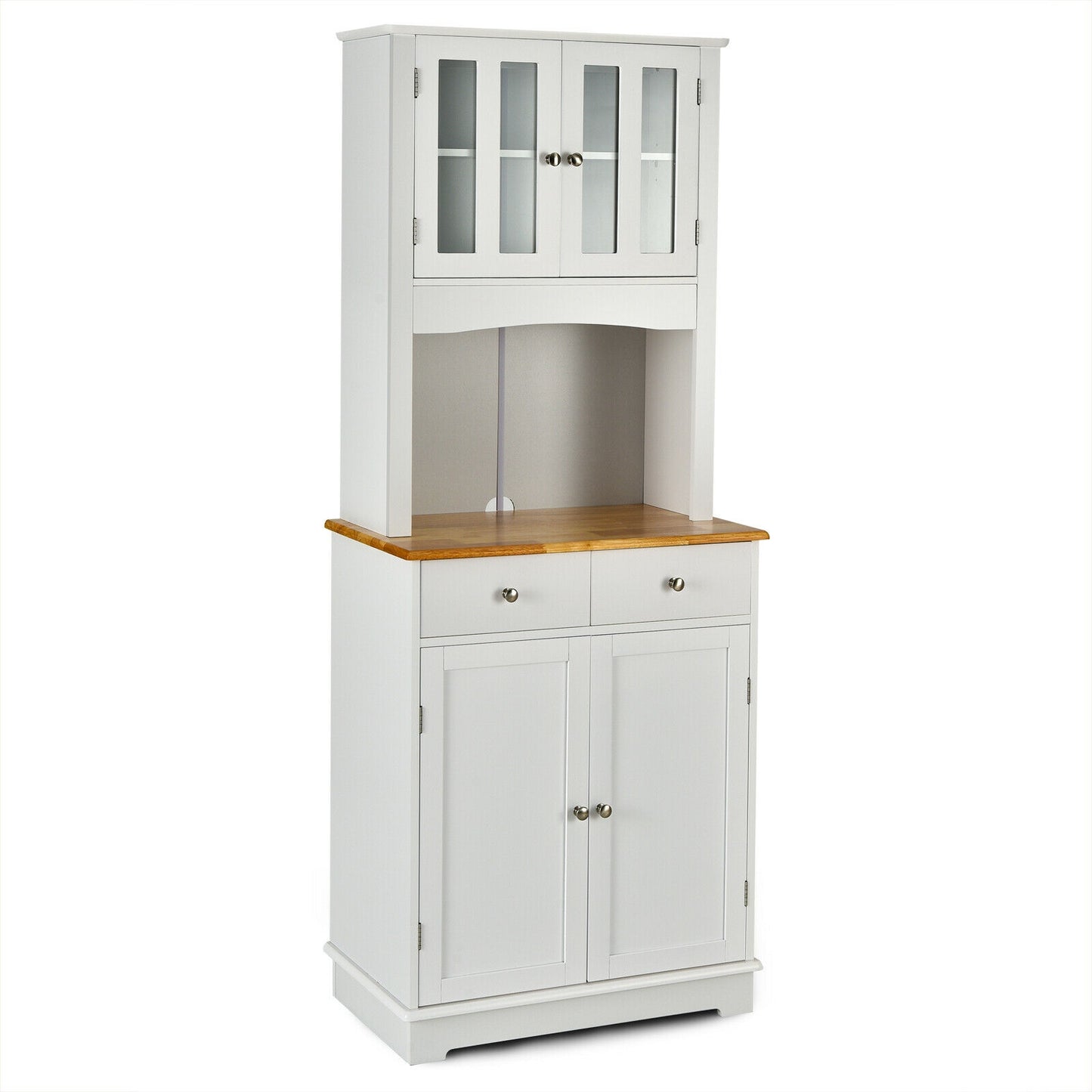 Tall Kitchen Pantry Cabinet with Glass Doors Adjustable Shelves and Wood Countertop Hutch