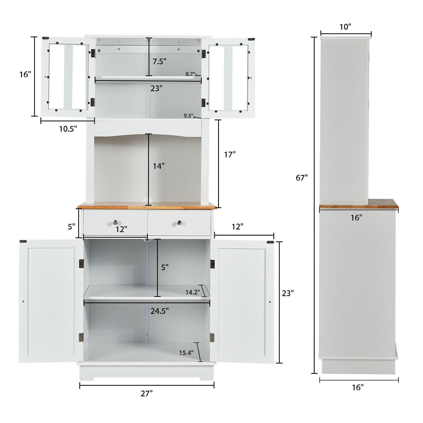 Tall Kitchen Pantry Cabinet with Glass Doors Adjustable Shelves and Wood Countertop Hutch