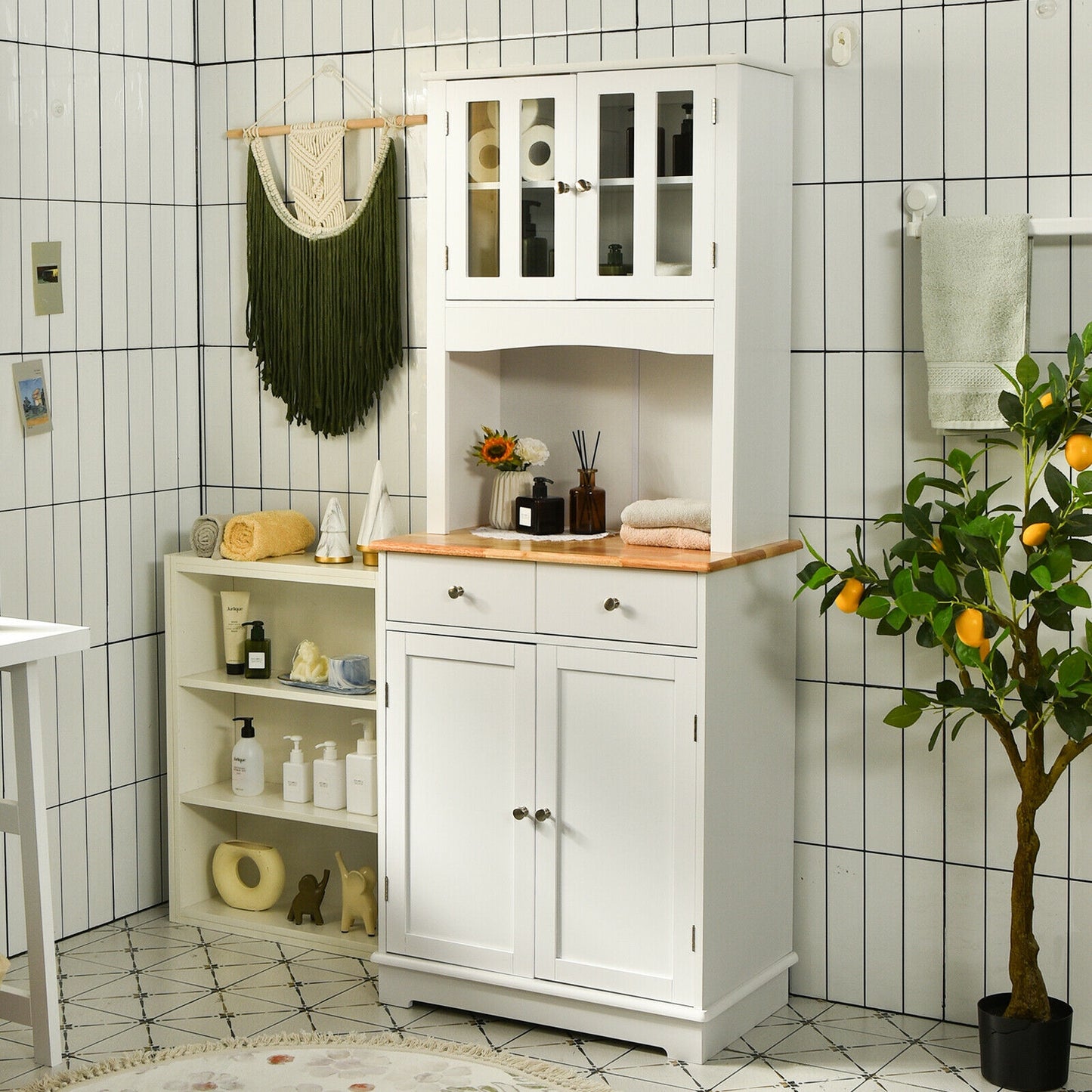 Tall Kitchen Pantry Cabinet with Glass Doors Adjustable Shelves and Wood Countertop Hutch
