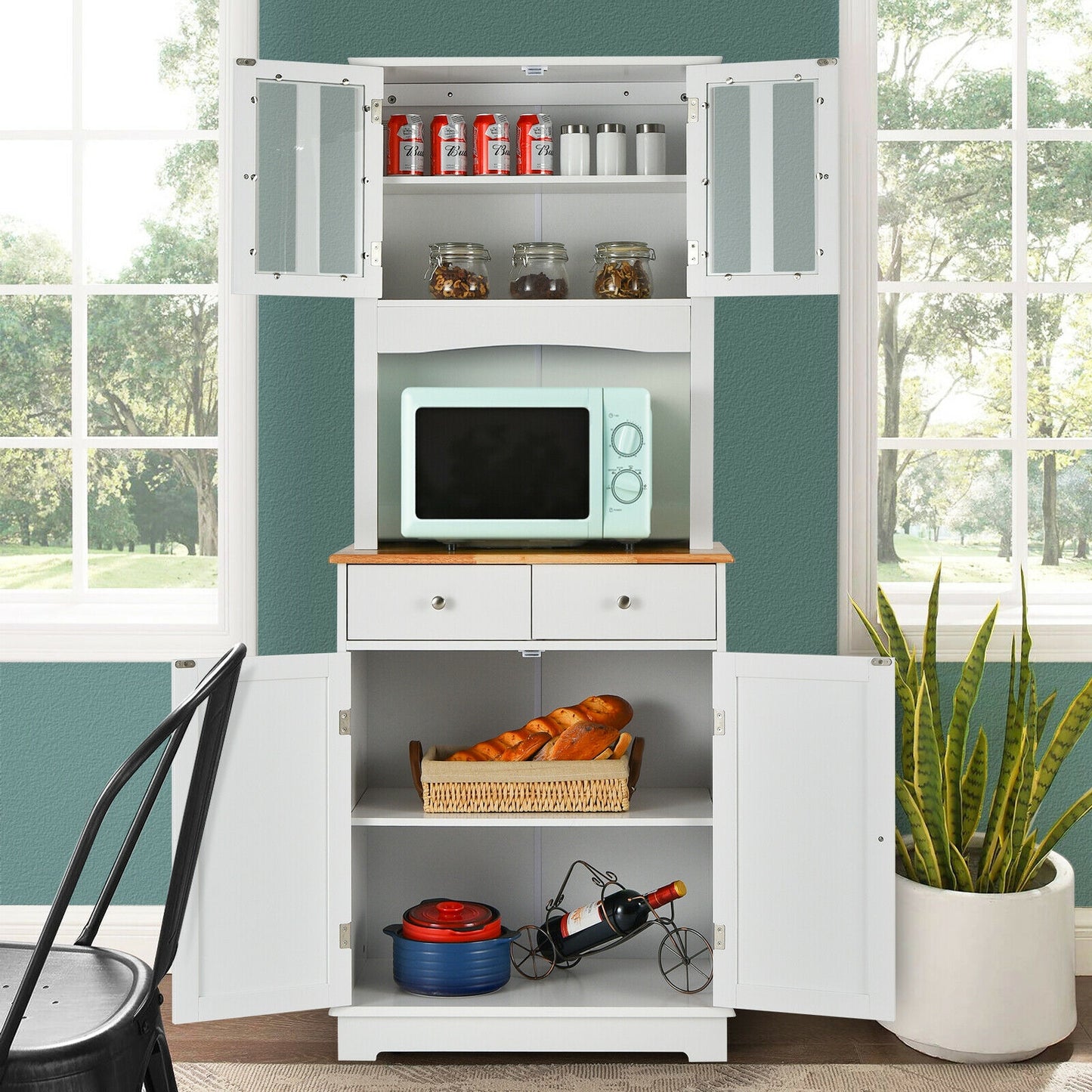 Tall Kitchen Pantry Cabinet with Glass Doors Adjustable Shelves and Wood Countertop Hutch