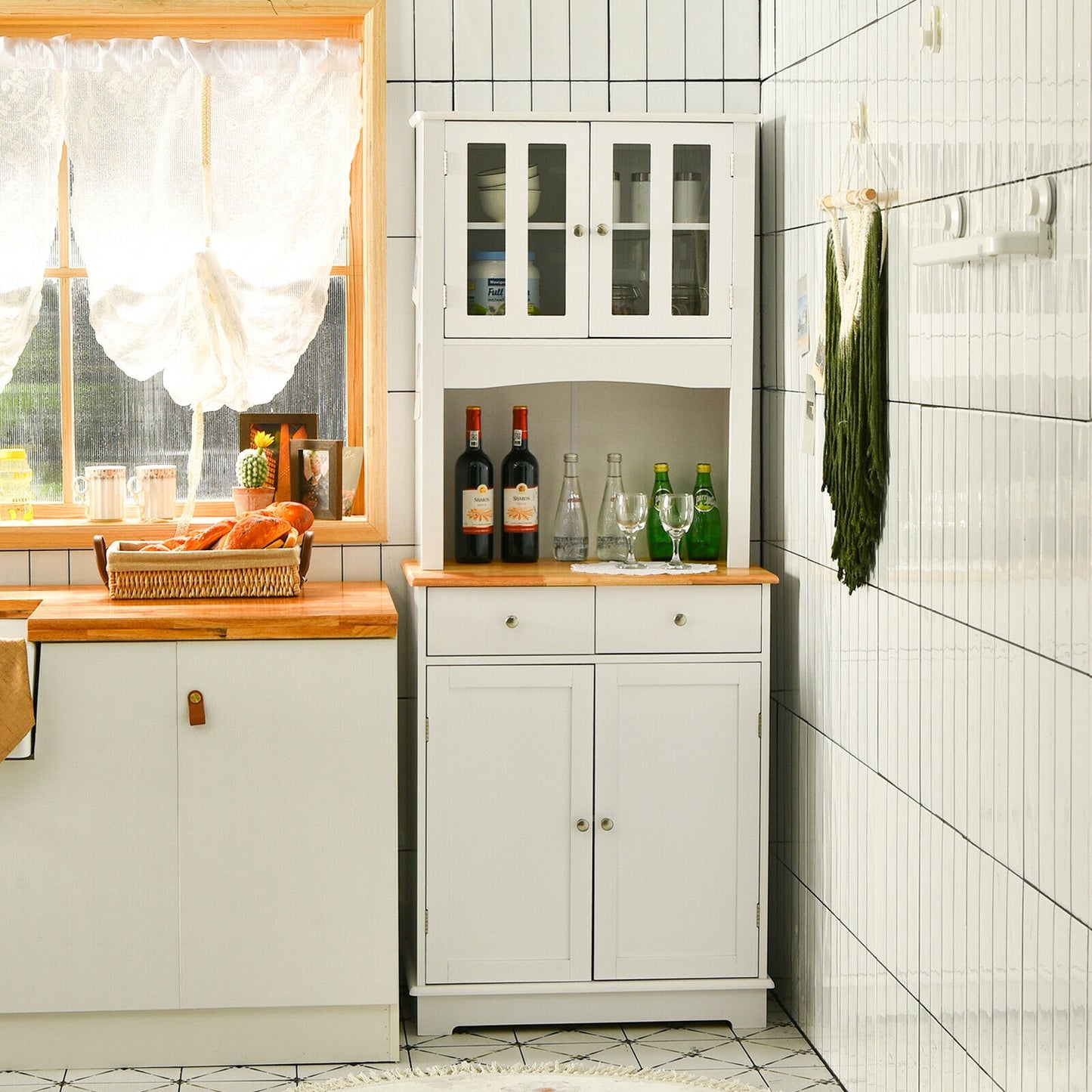 Tall Kitchen Pantry Cabinet with Glass Doors Adjustable Shelves and Wood Countertop Hutch