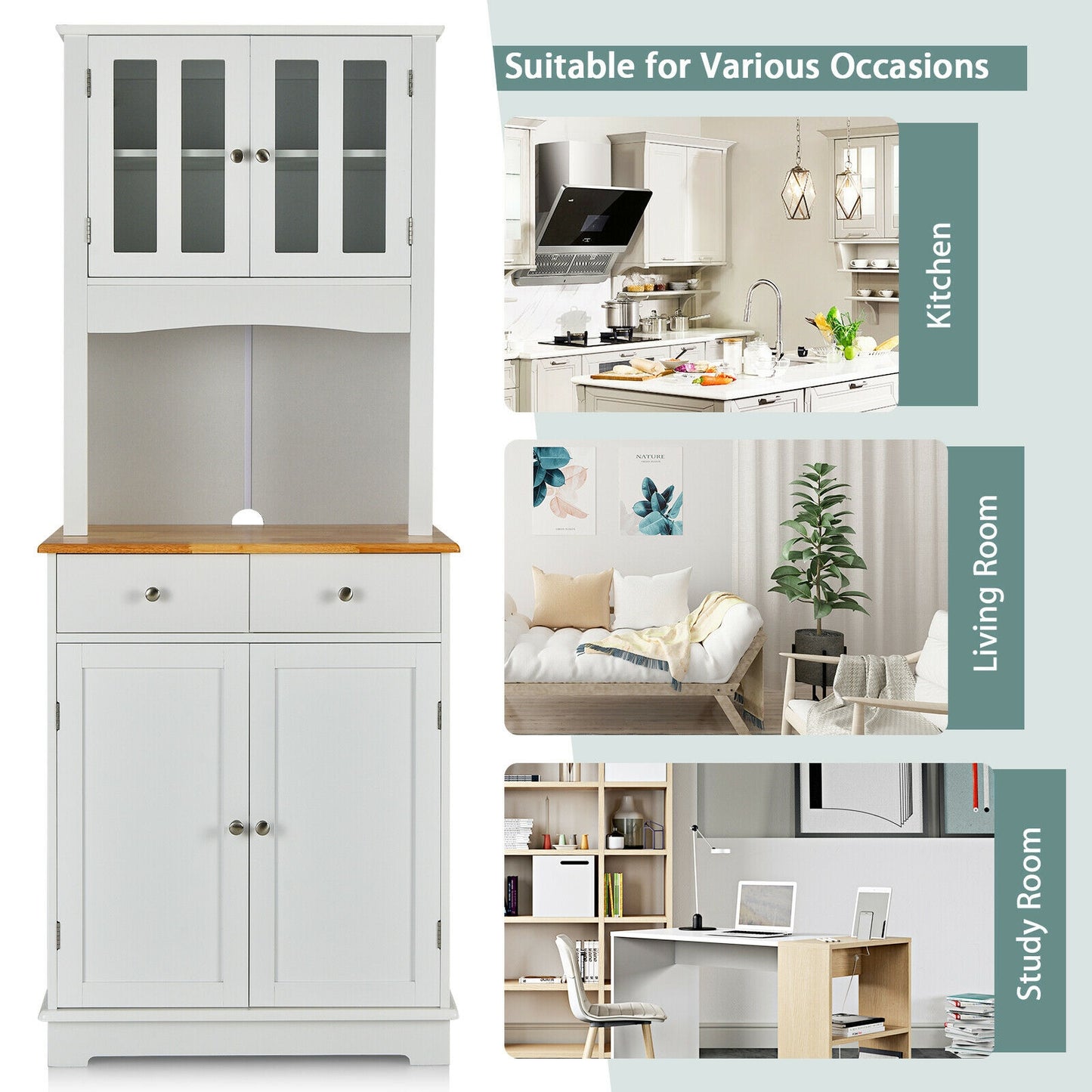 Tall Kitchen Pantry Cabinet with Glass Doors Adjustable Shelves and Wood Countertop Hutch