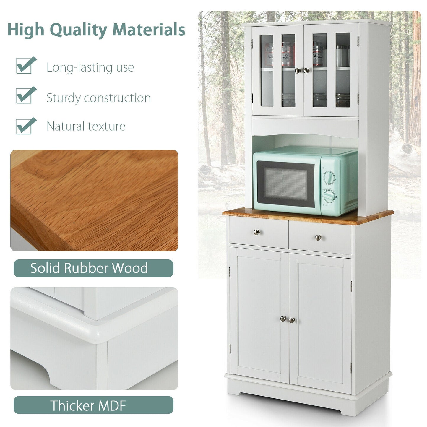 Tall Kitchen Pantry Cabinet with Glass Doors Adjustable Shelves and Wood Countertop Hutch