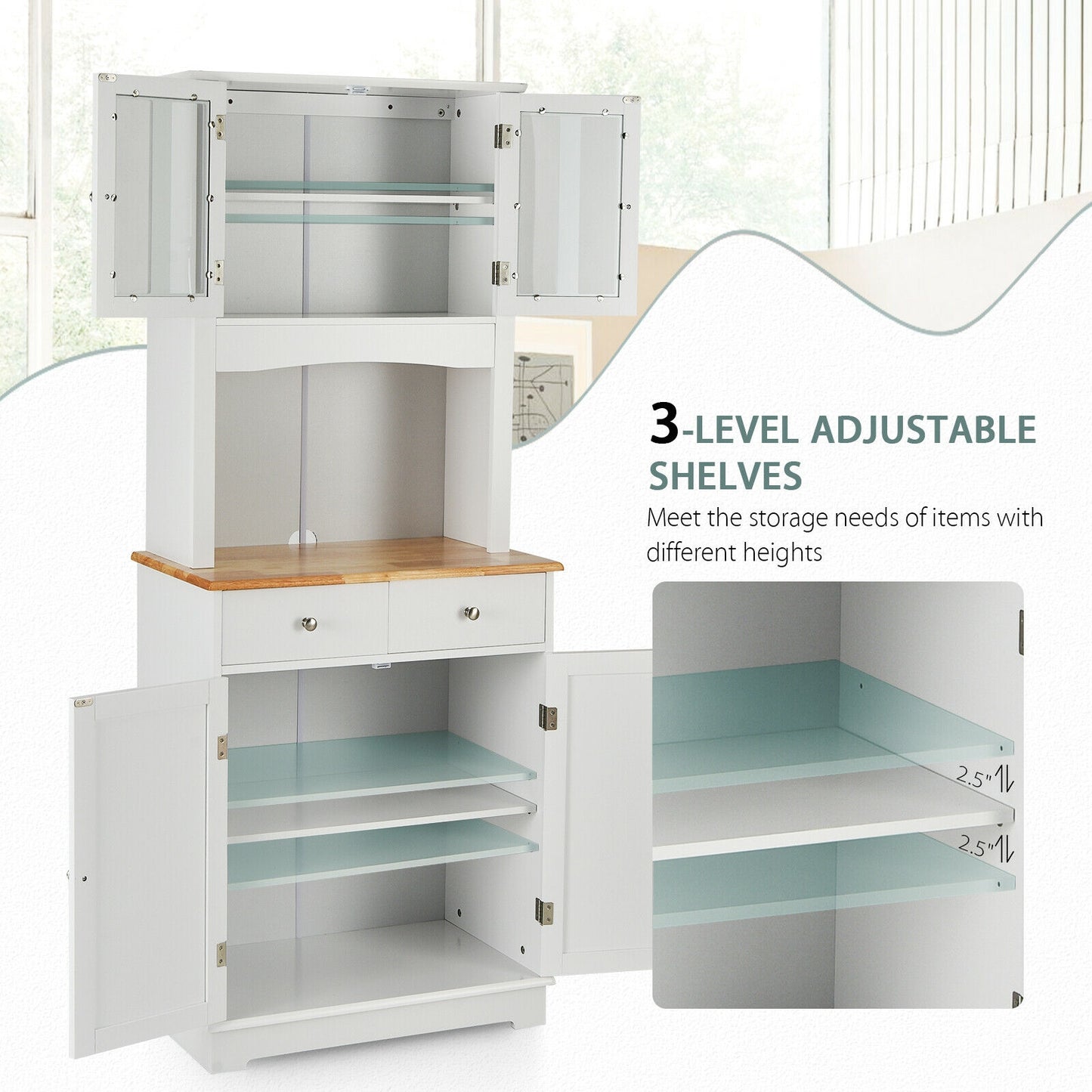 Tall Kitchen Pantry Cabinet with Glass Doors Adjustable Shelves and Wood Countertop Hutch