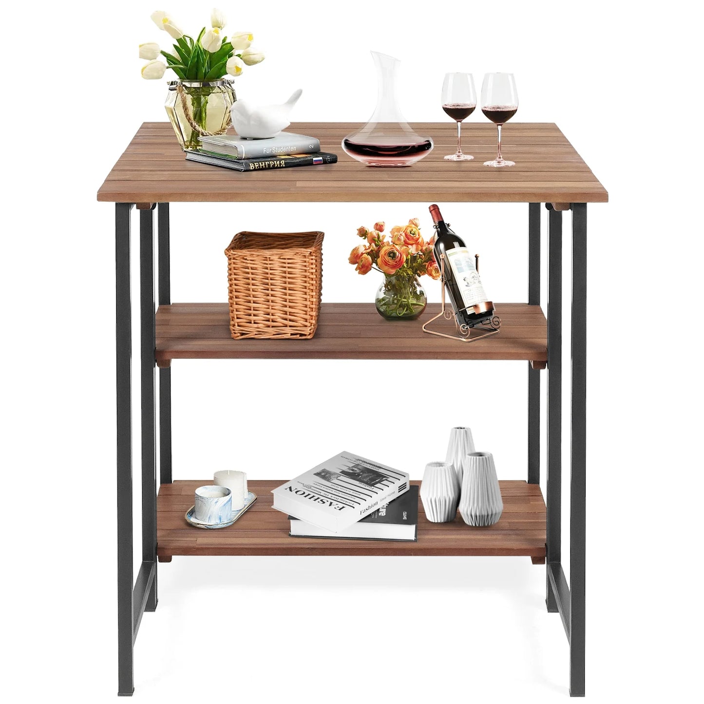 Folding Acacia Wood Outdoor Dining Table with Storage Shelves for Patio Garden or Balcony