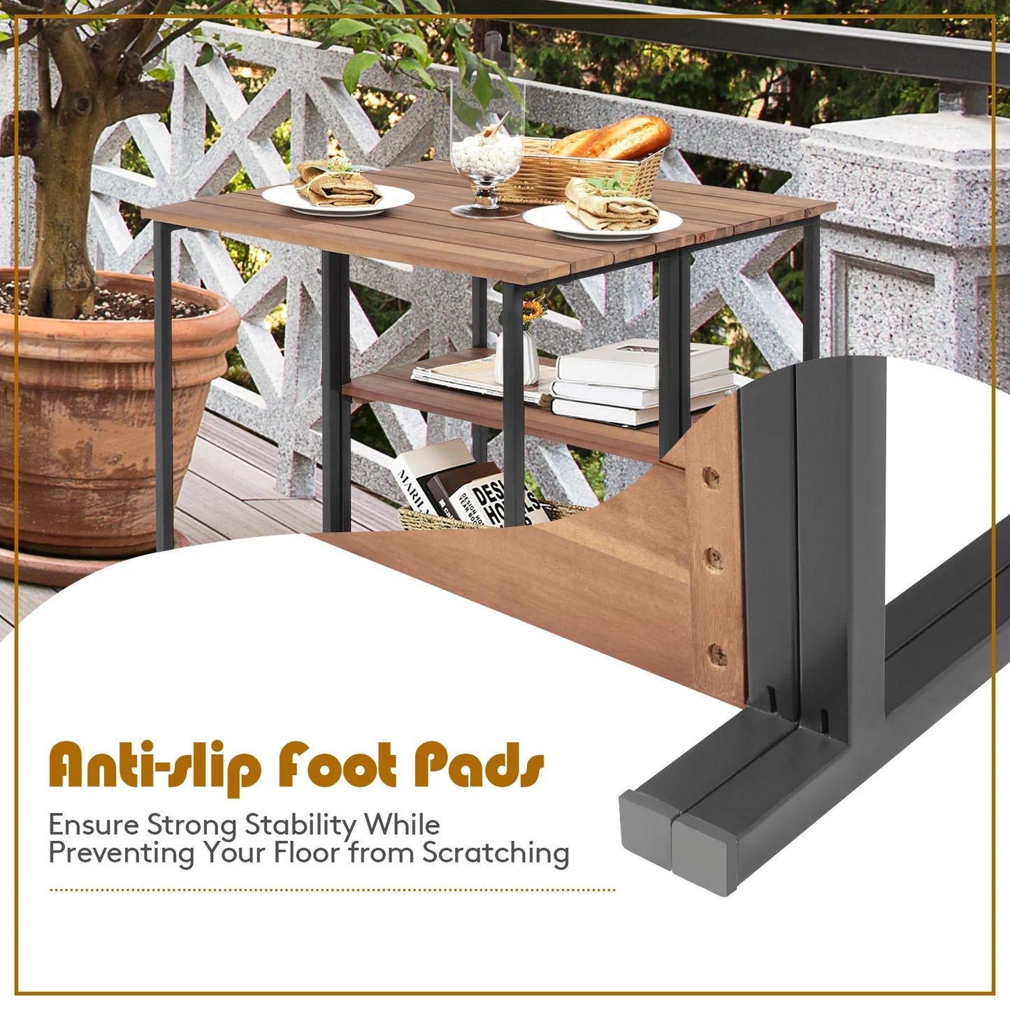 Folding Acacia Wood Outdoor Dining Table with Storage Shelves for Patio Garden or Balcony