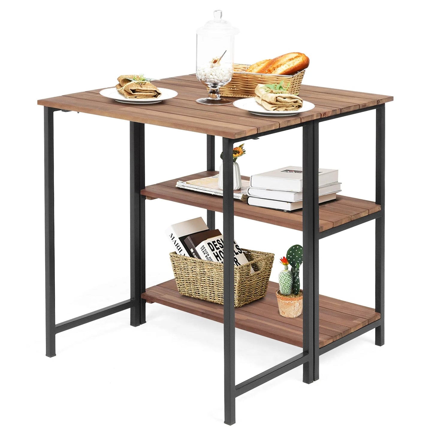 Folding Acacia Wood Outdoor Dining Table with Storage Shelves for Patio Garden or Balcony