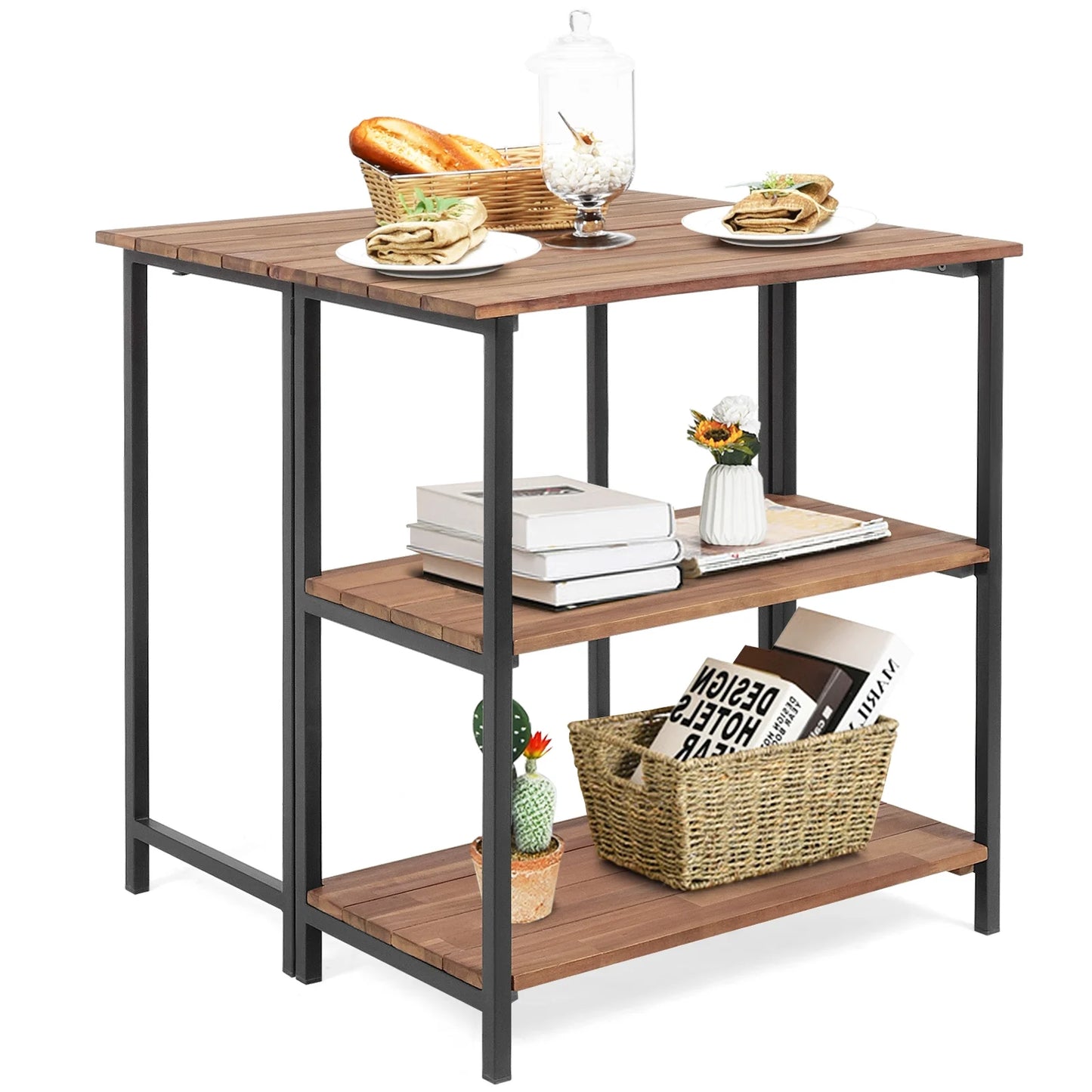 Folding Acacia Wood Outdoor Dining Table with Storage Shelves for Patio Garden or Balcony
