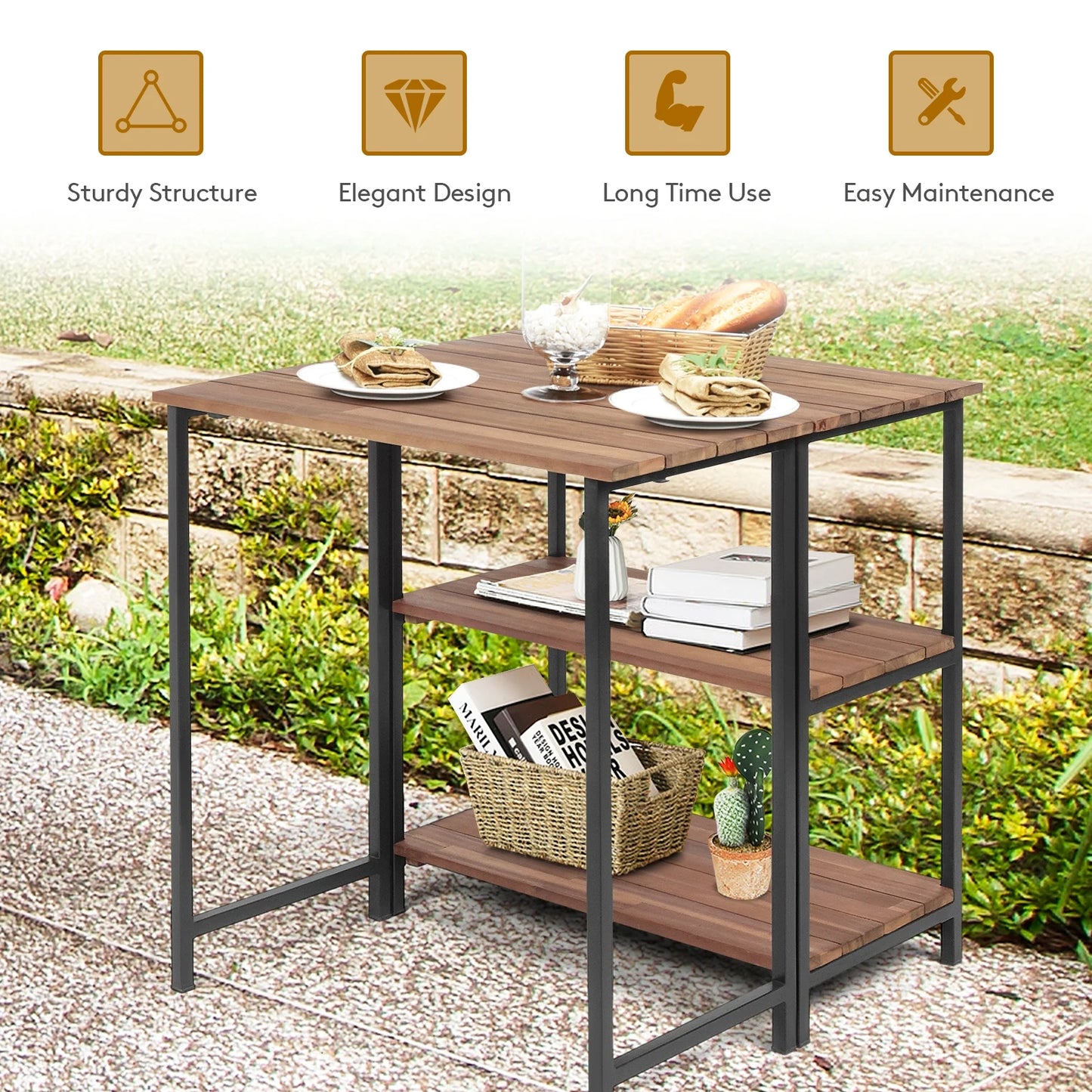 Folding Acacia Wood Outdoor Dining Table with Storage Shelves for Patio Garden or Balcony