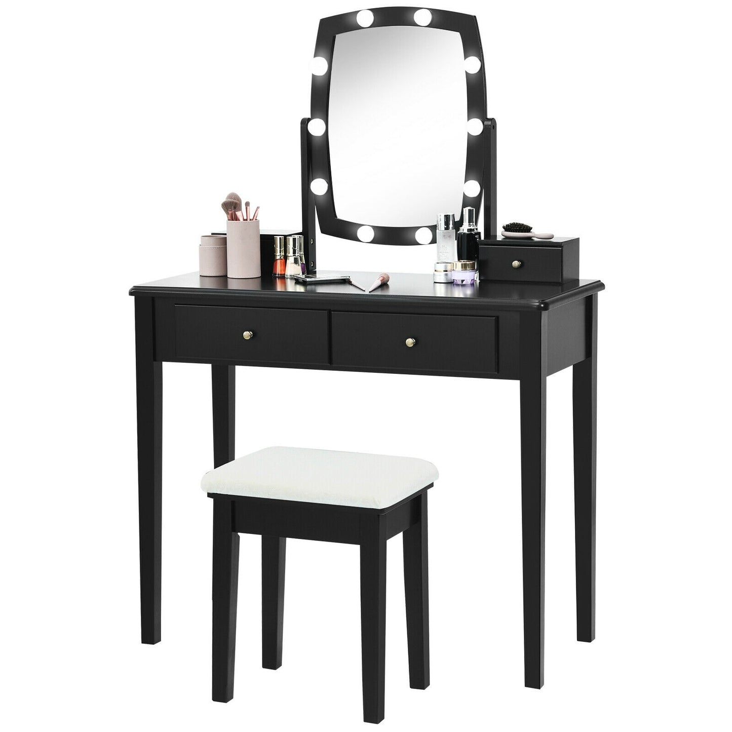 Vanity Table Set with Lighted Mirror and Storage for Bedroom and Dressing Room - Black