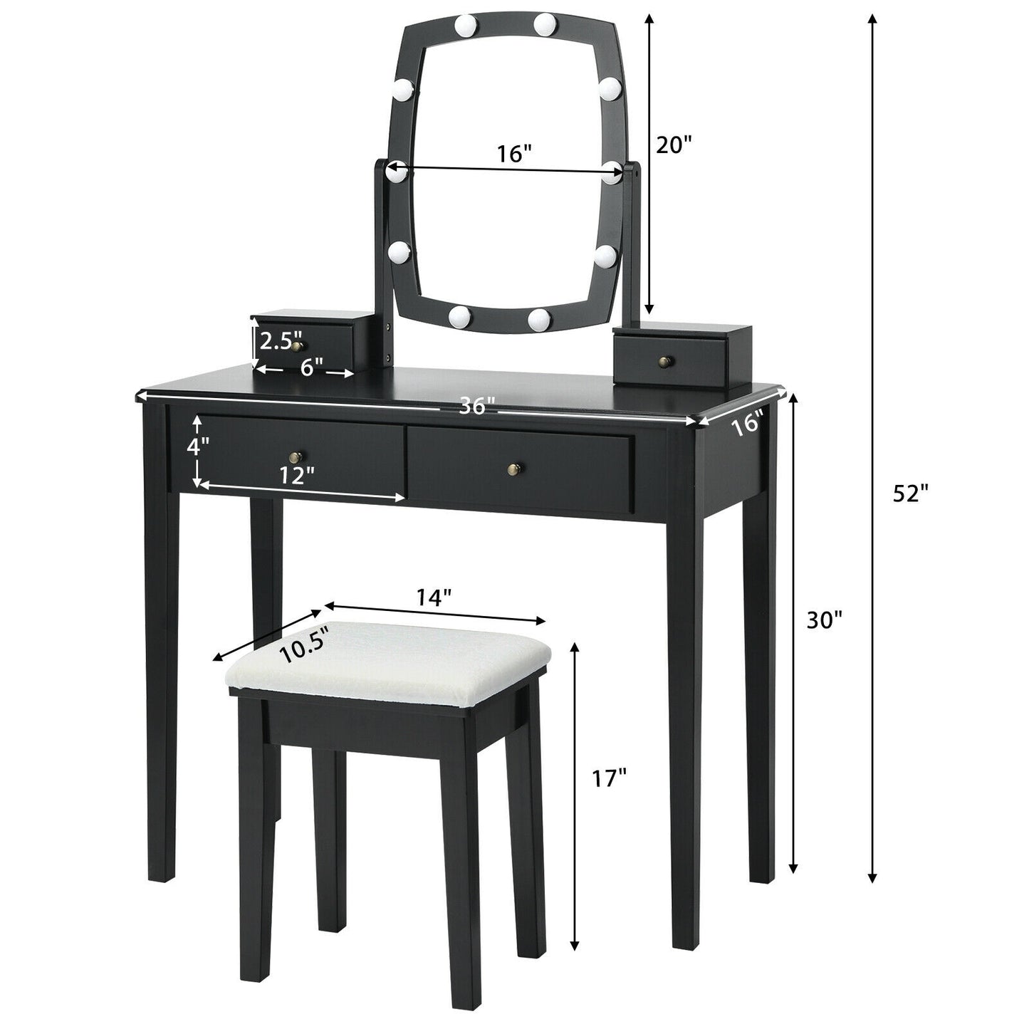 Vanity Table Set with Lighted Mirror and Storage for Bedroom and Dressing Room - Black