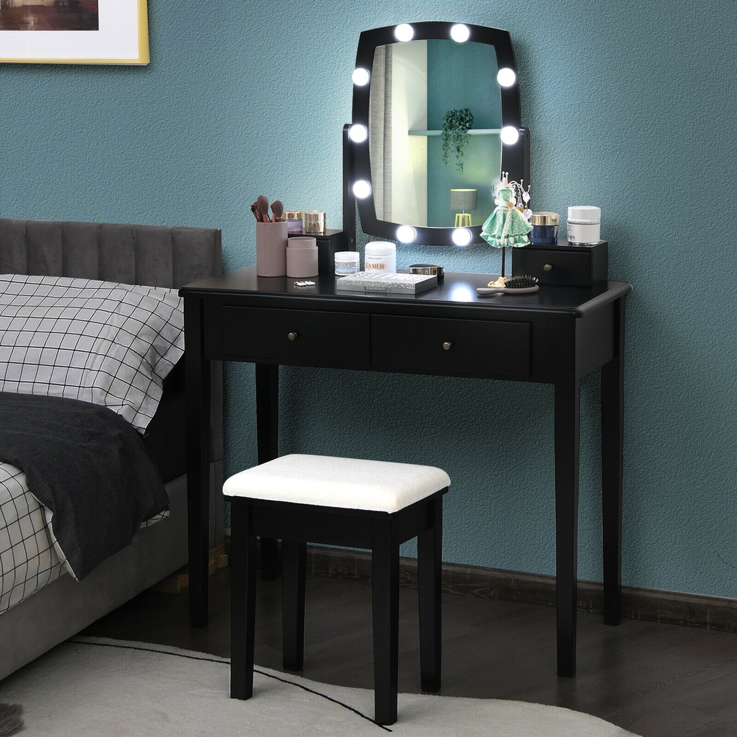 Vanity Table Set with Lighted Mirror and Storage for Bedroom and Dressing Room - Black