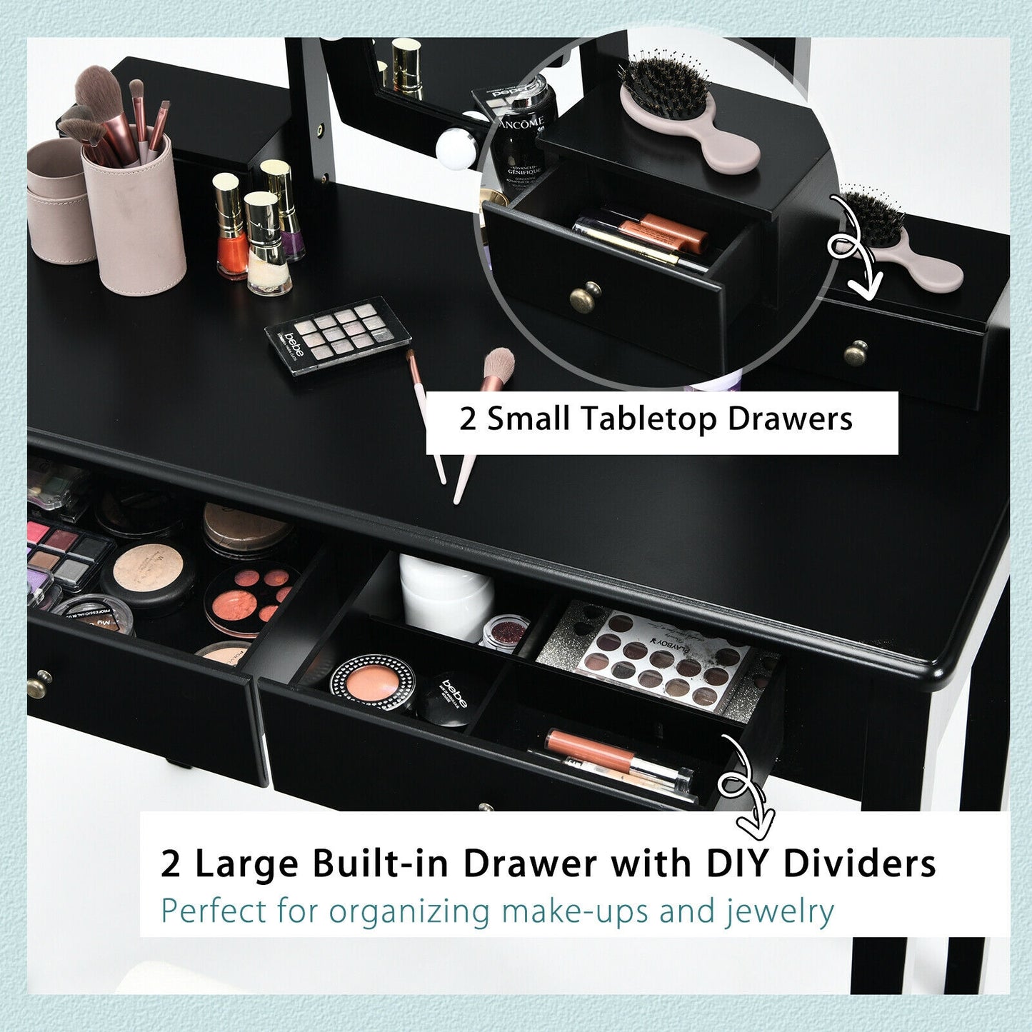 Vanity Table Set with Lighted Mirror and Storage for Bedroom and Dressing Room - Black