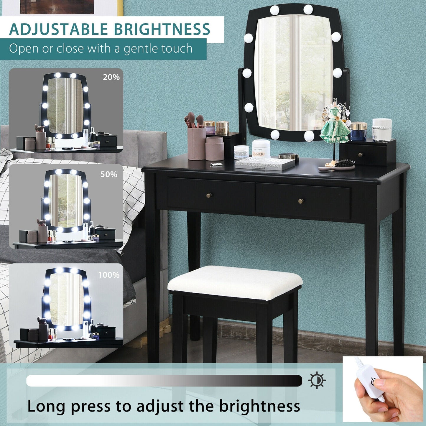 Vanity Table Set with Lighted Mirror and Storage for Bedroom and Dressing Room - Black