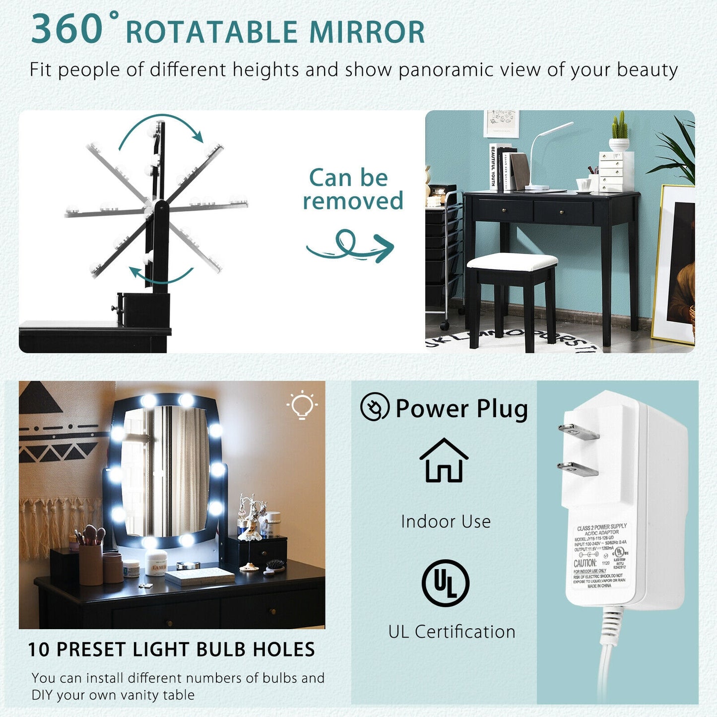 Vanity Table Set with Lighted Mirror and Storage for Bedroom and Dressing Room - Black