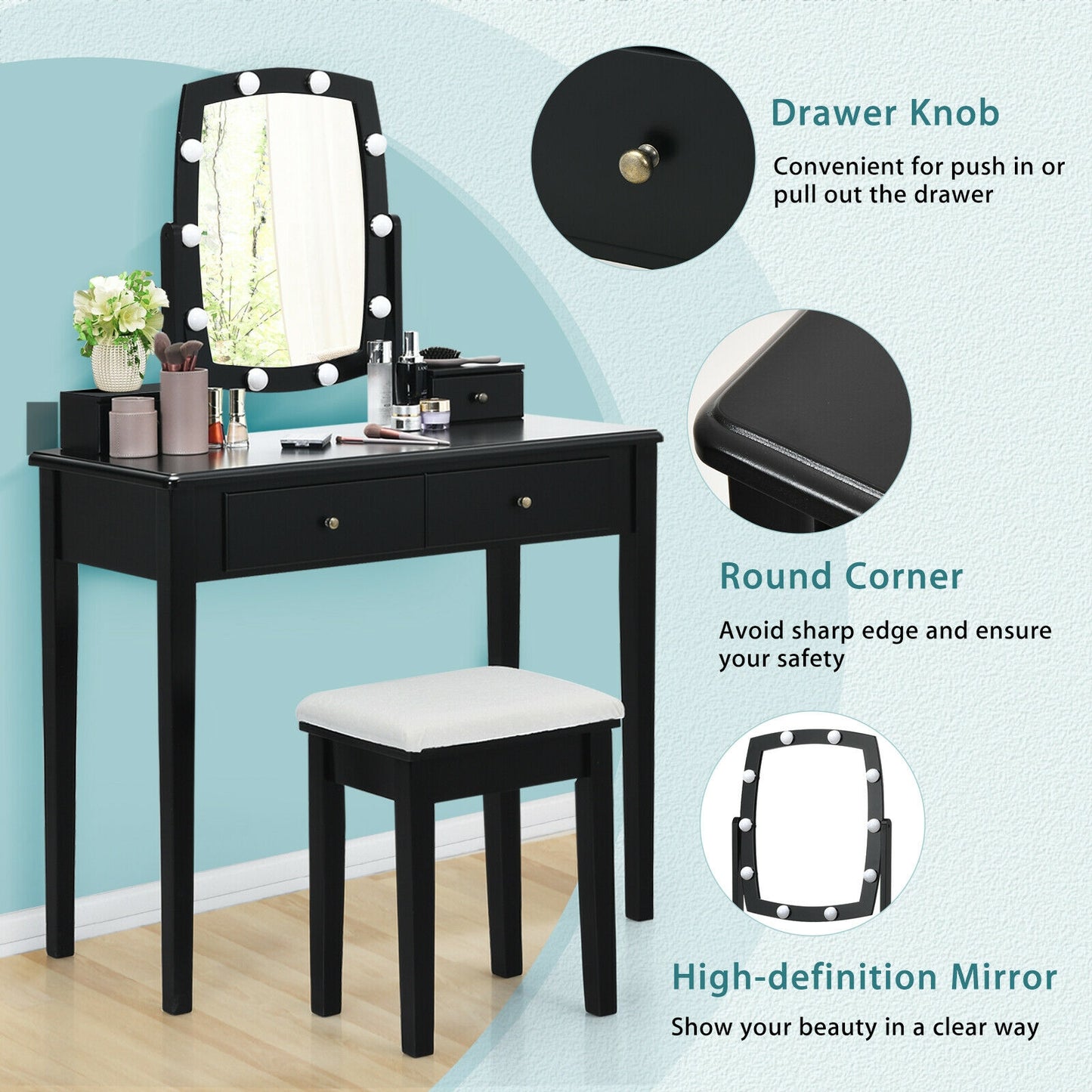 Vanity Table Set with Lighted Mirror and Storage for Bedroom and Dressing Room - Black