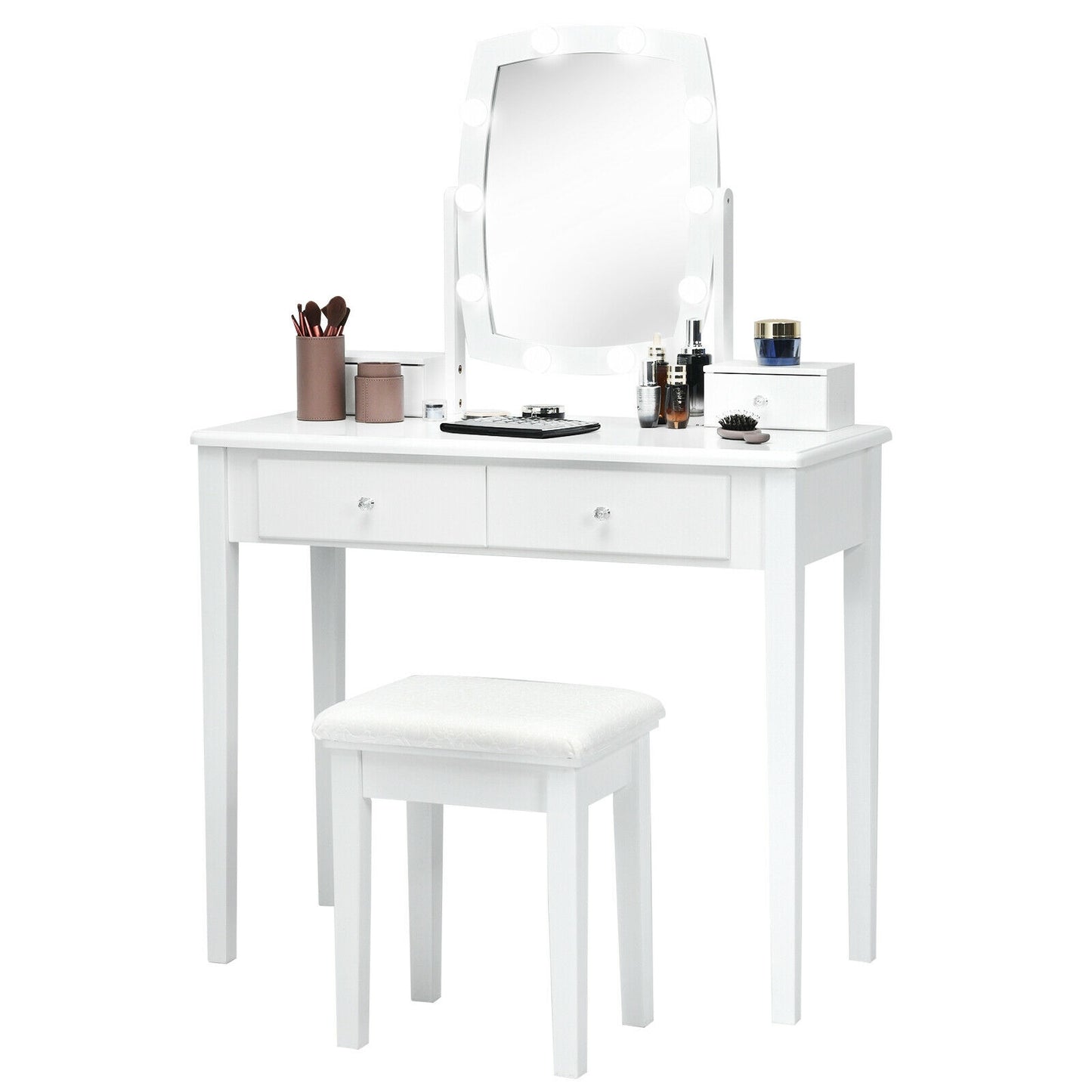 Vanity Table Set with Lighted Mirror and Storage for Bedroom and Dressing Room - White