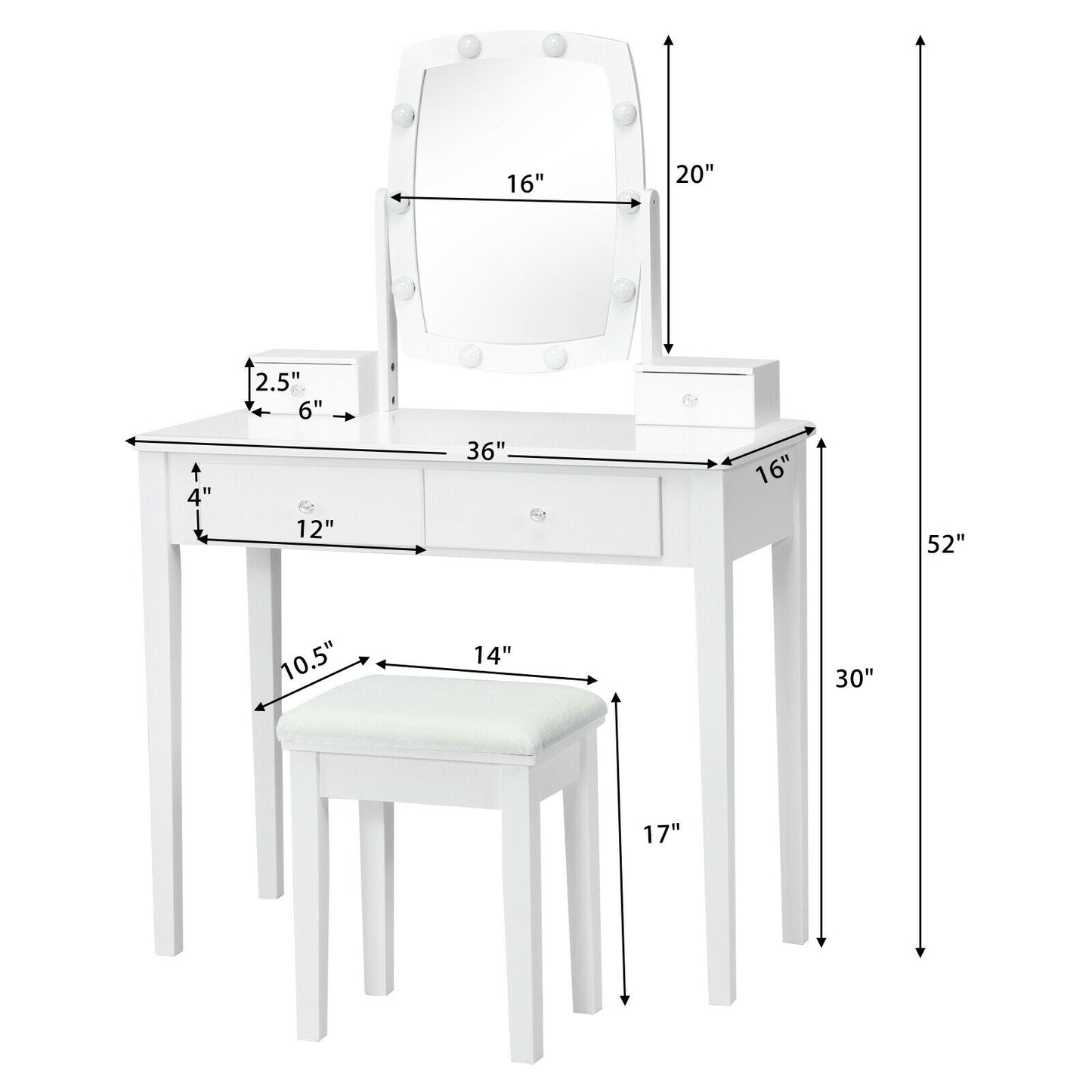 Vanity Table Set with Lighted Mirror and Storage for Bedroom and Dressing Room - White