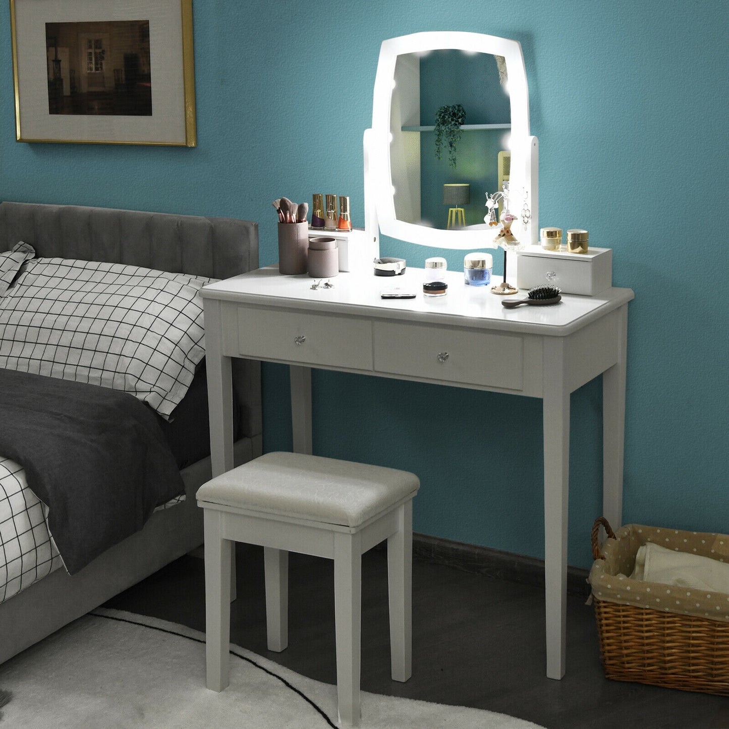 Vanity Table Set with Lighted Mirror and Storage for Bedroom and Dressing Room - White