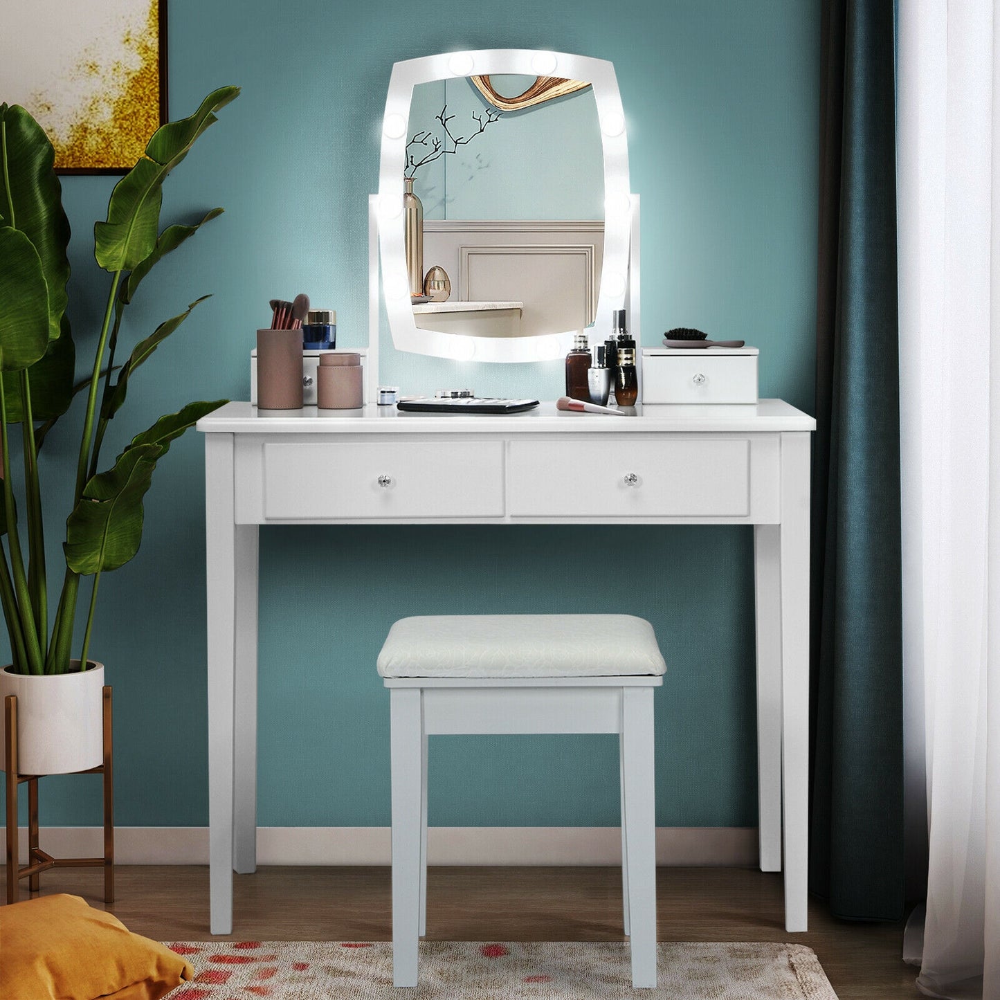 Vanity Table Set with Lighted Mirror and Storage for Bedroom and Dressing Room - White