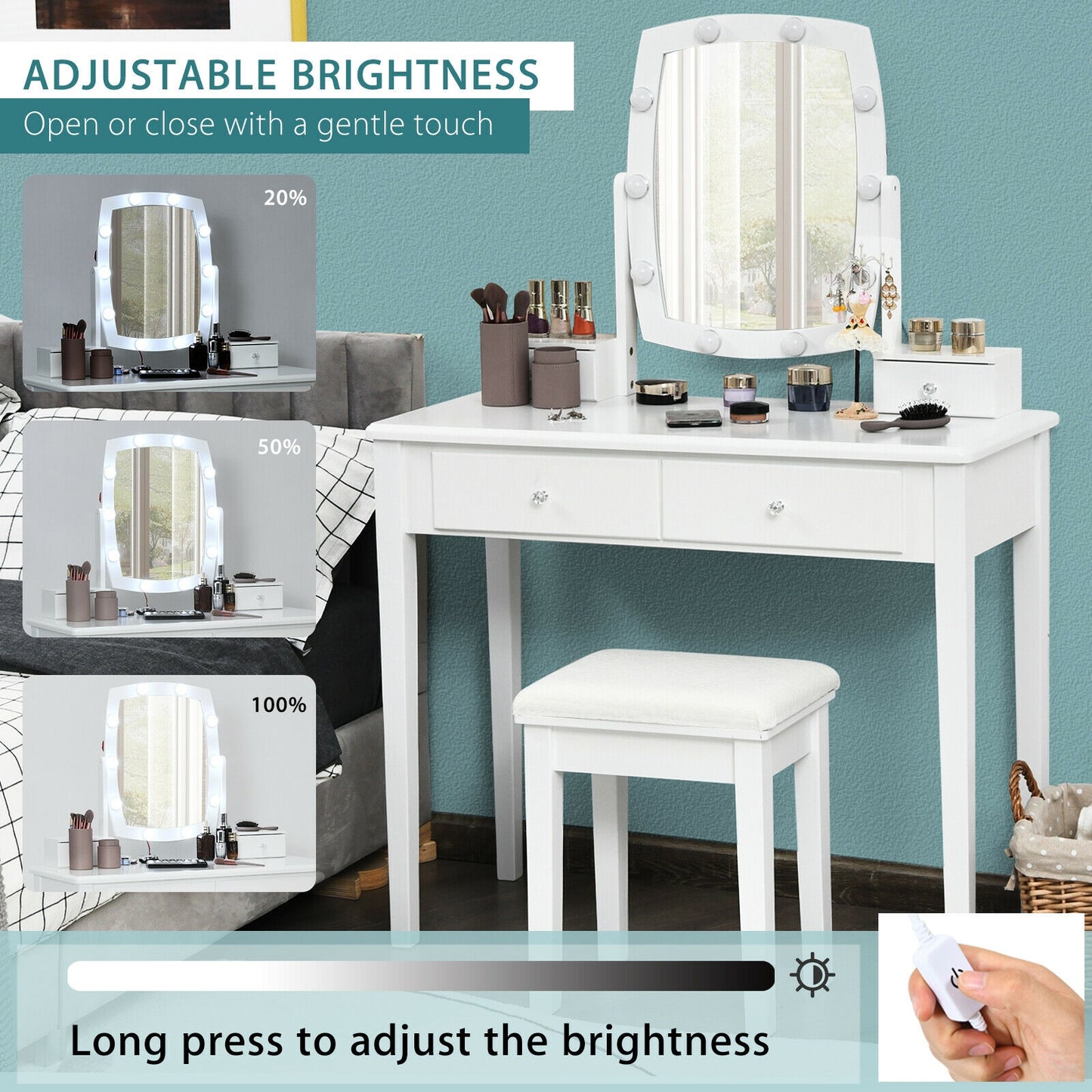 Vanity Table Set with Lighted Mirror and Storage for Bedroom and Dressing Room - White