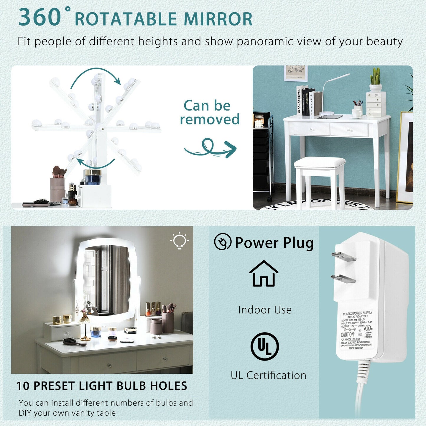 Vanity Table Set with Lighted Mirror and Storage for Bedroom and Dressing Room - White
