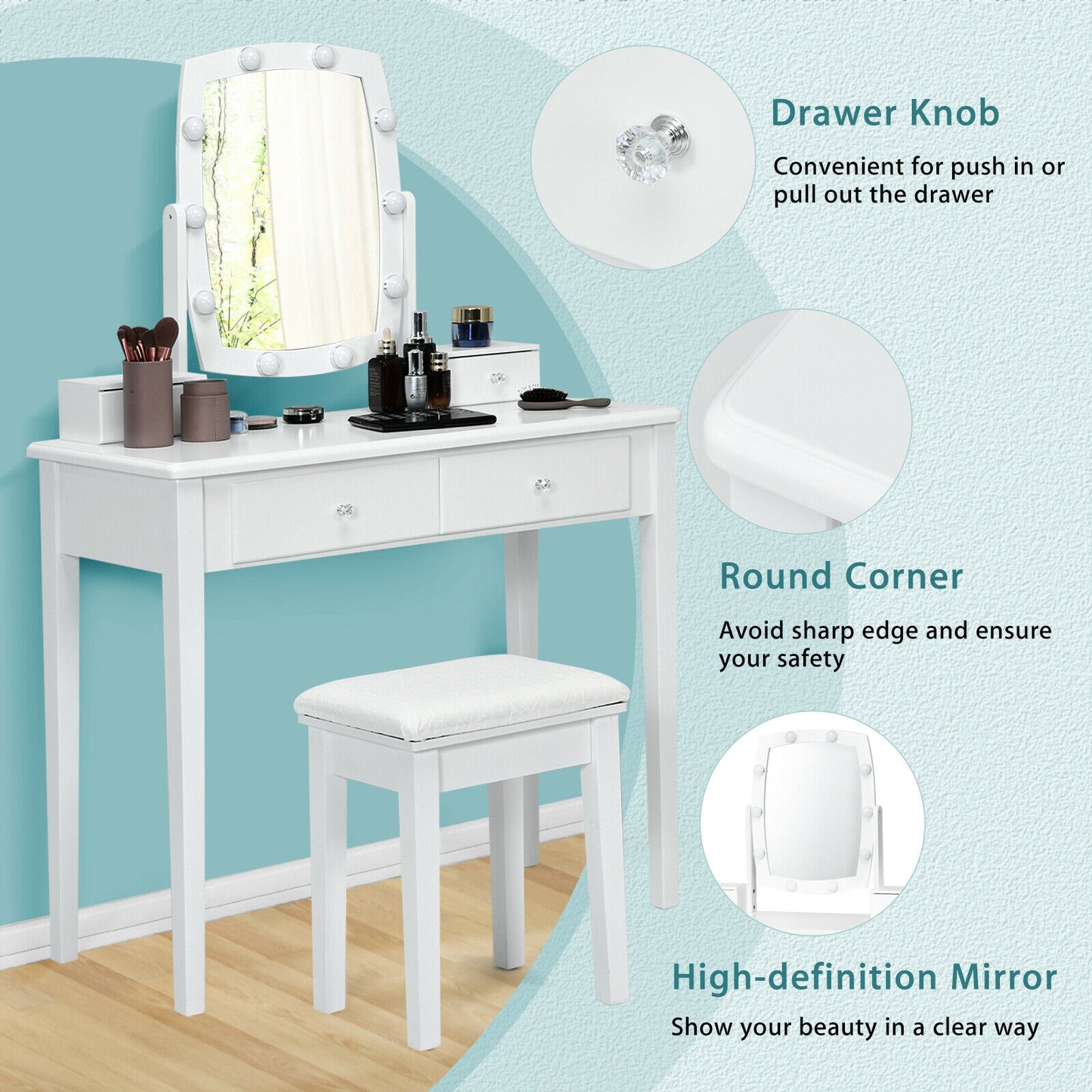 Vanity Table Set with Lighted Mirror and Storage for Bedroom and Dressing Room - White