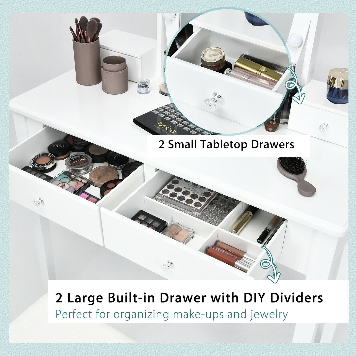Vanity Table Set with Lighted Mirror and Storage for Bedroom and Dressing Room - White