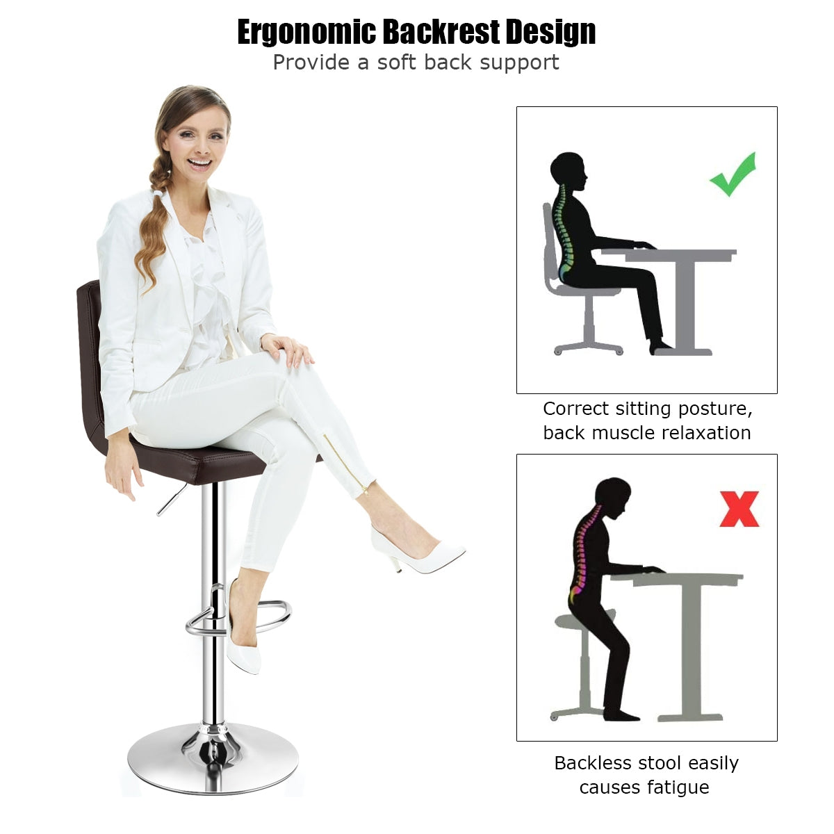 Ergonomic Swivel Bar Stool with Adjustable Height and PU Leather Cushion - Brown