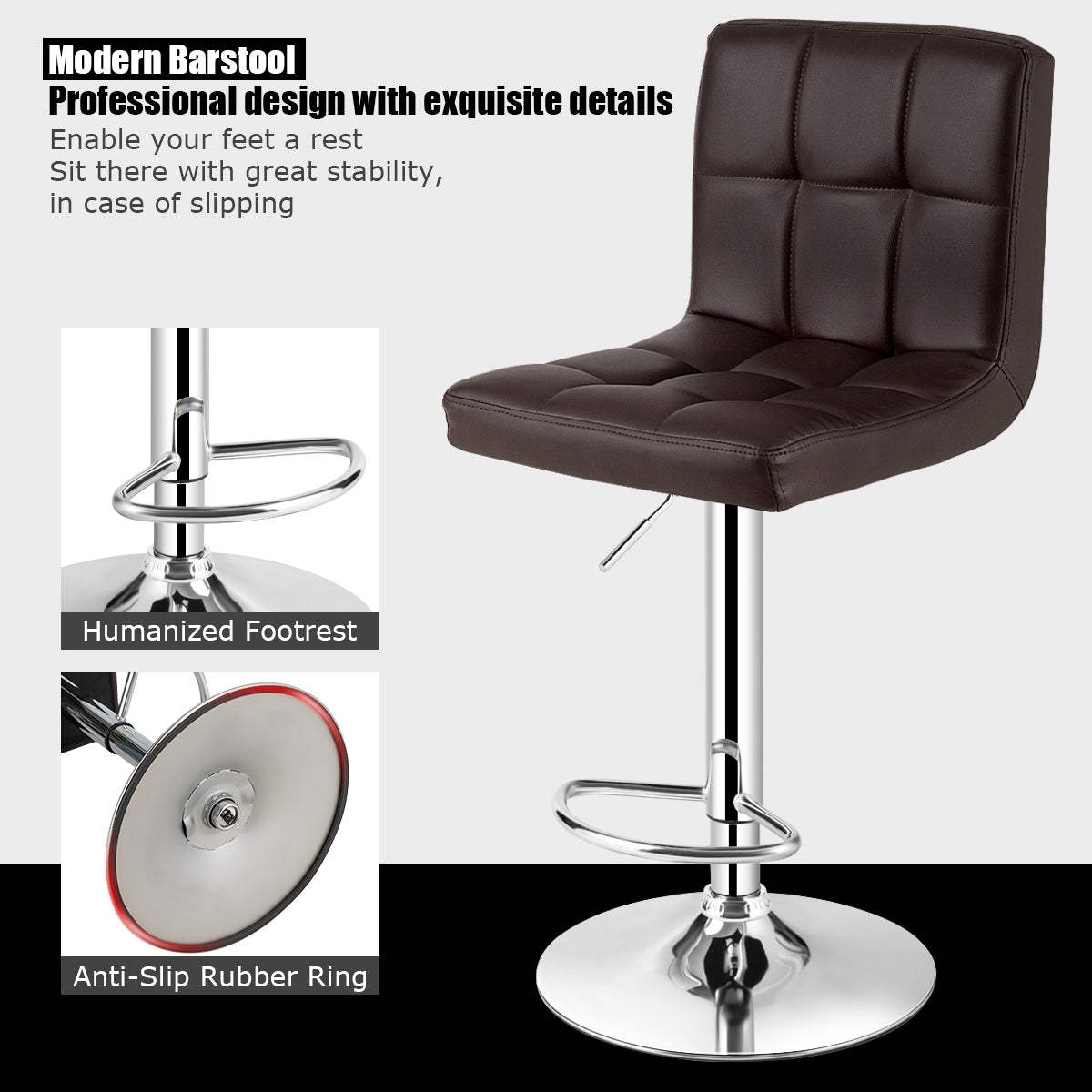 Ergonomic Swivel Bar Stool with Adjustable Height and PU Leather Cushion - Brown