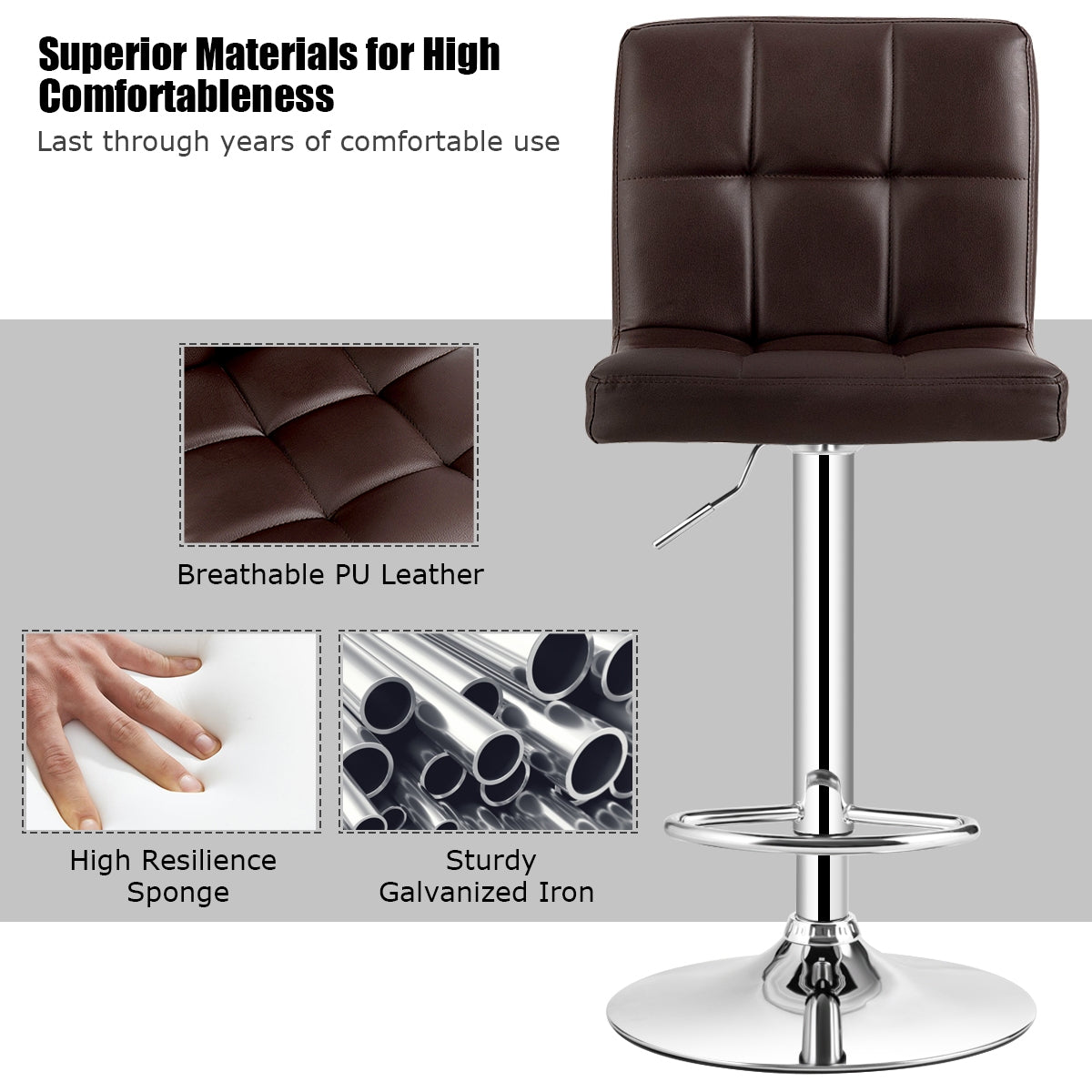 Ergonomic Swivel Bar Stool with Adjustable Height and PU Leather Cushion - Brown
