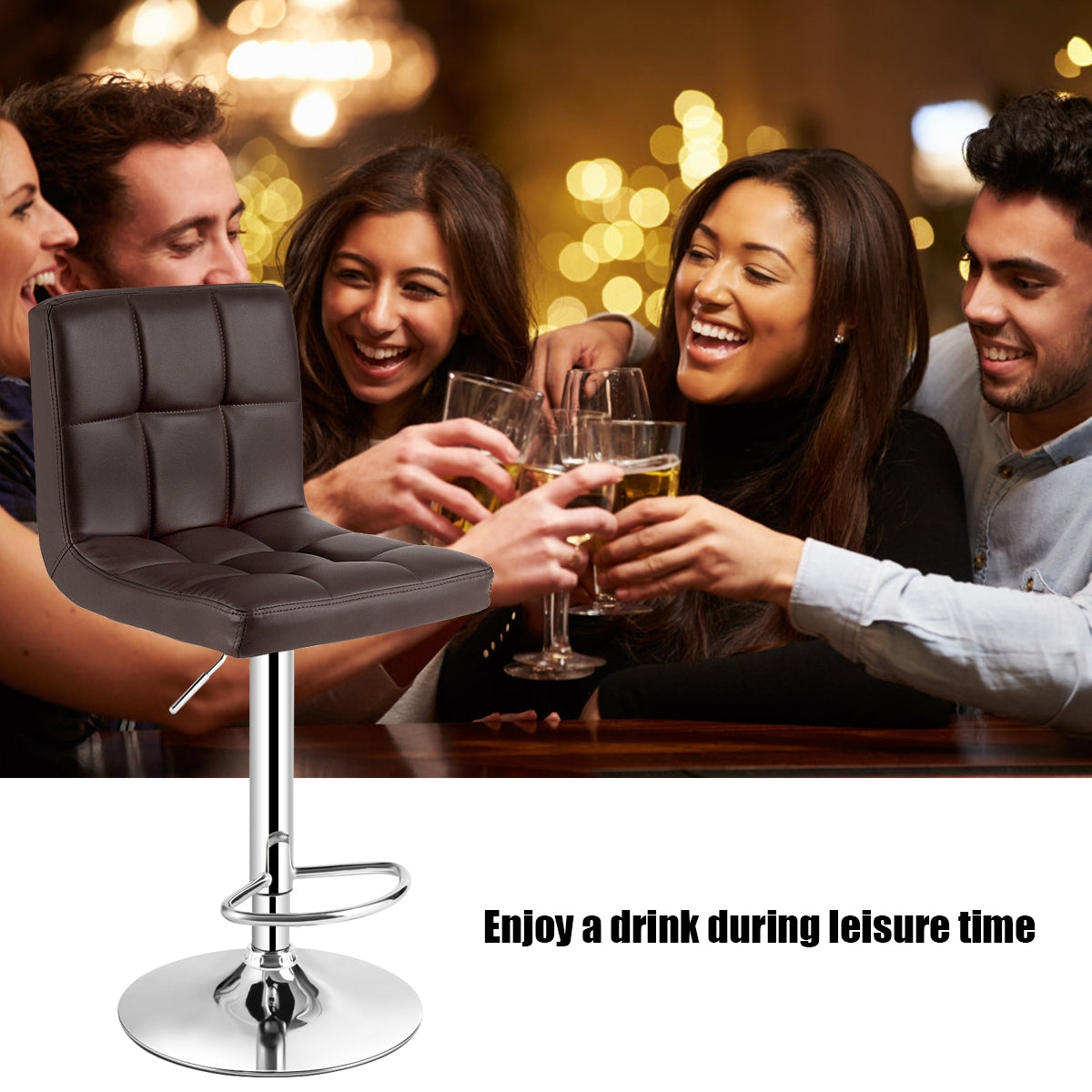 Ergonomic Swivel Bar Stool with Adjustable Height and PU Leather Cushion - Brown