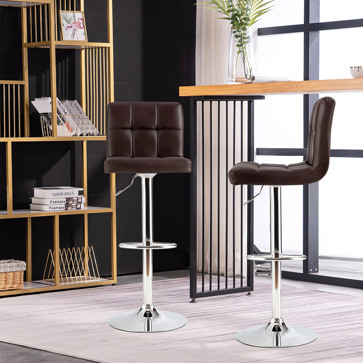 Ergonomic Swivel Bar Stool with Adjustable Height and PU Leather Cushion - Brown