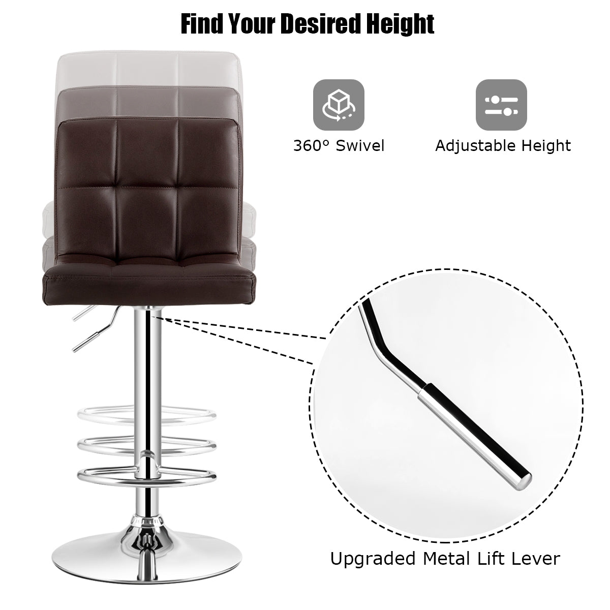 Ergonomic Swivel Bar Stool with Adjustable Height and PU Leather Cushion - Brown
