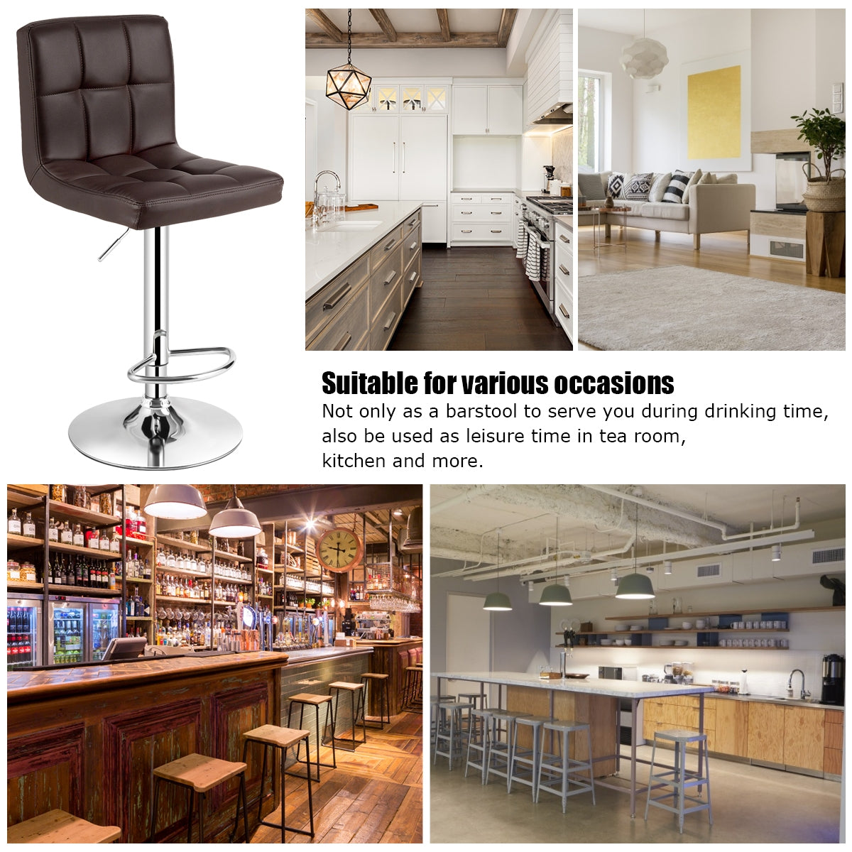 Ergonomic Swivel Bar Stool with Adjustable Height and PU Leather Cushion - Brown
