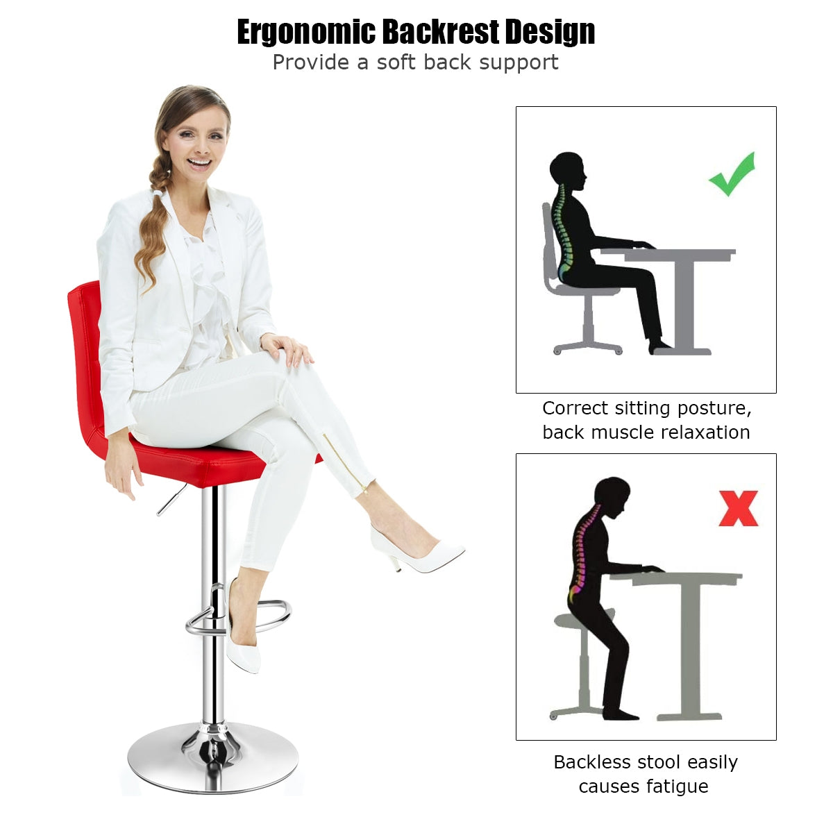 Ergonomic Swivel Bar Stool with Adjustable Height and PU Leather Cushion - Red