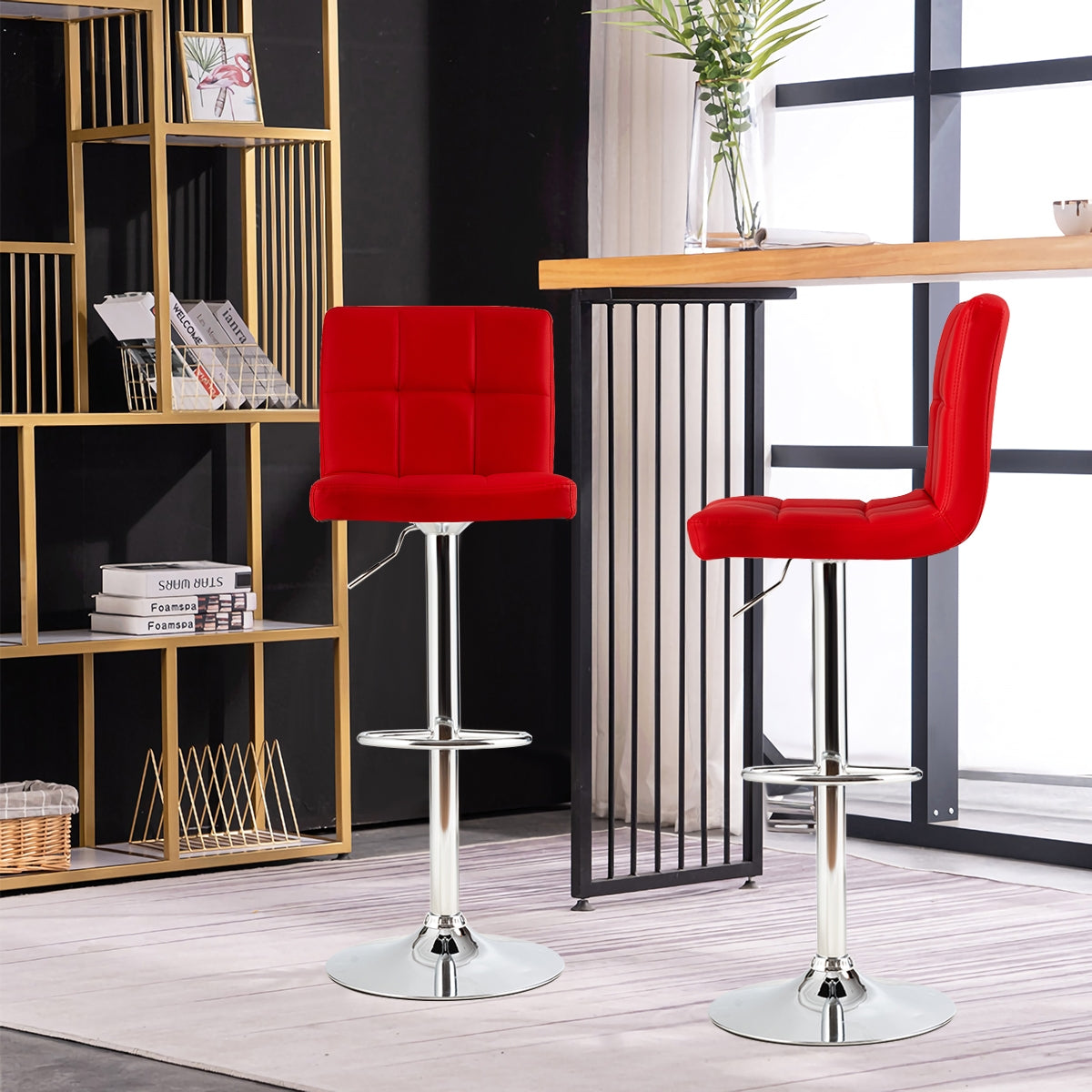 Ergonomic Swivel Bar Stool with Adjustable Height and PU Leather Cushion - Red