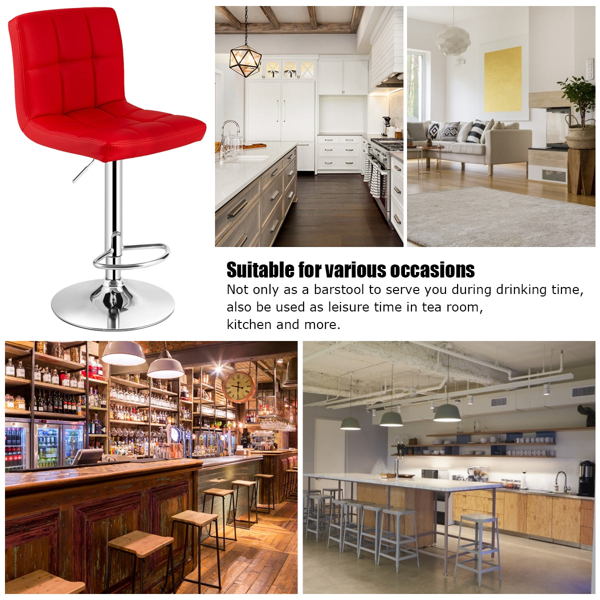 Ergonomic Swivel Bar Stool with Adjustable Height and PU Leather Cushion - Red