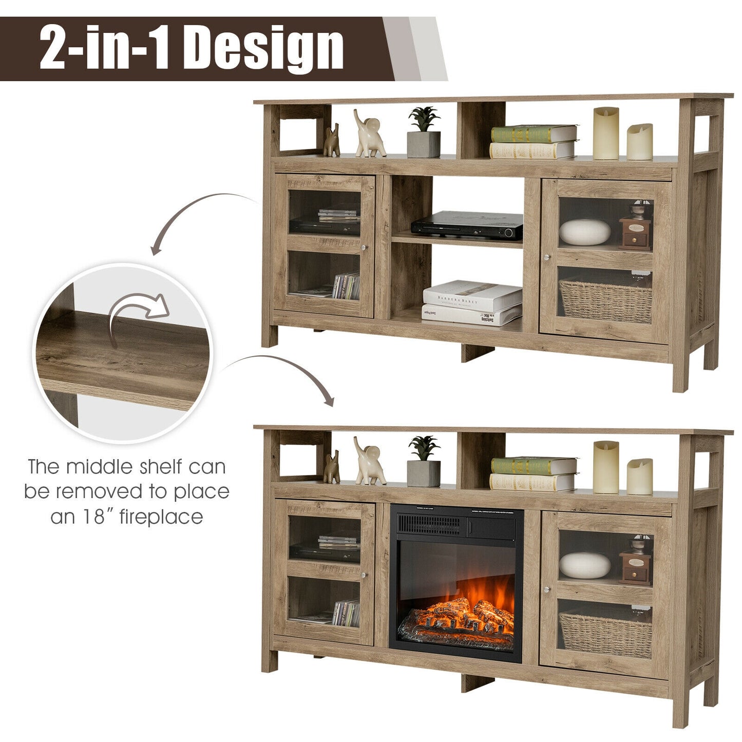 58 Inch TV Stand with Cabinets and Open Shelves for TVs up to 65 Inches, Natural Wood Finish