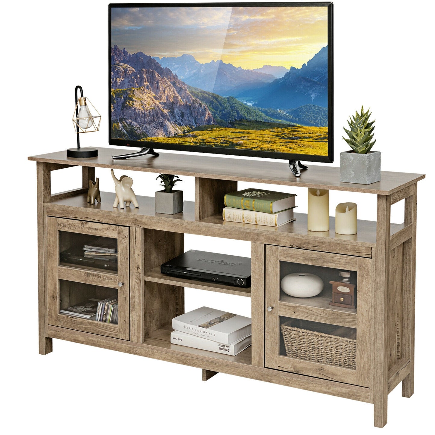 58 Inch TV Stand with Cabinets and Open Shelves for TVs up to 65 Inches, Natural Wood Finish