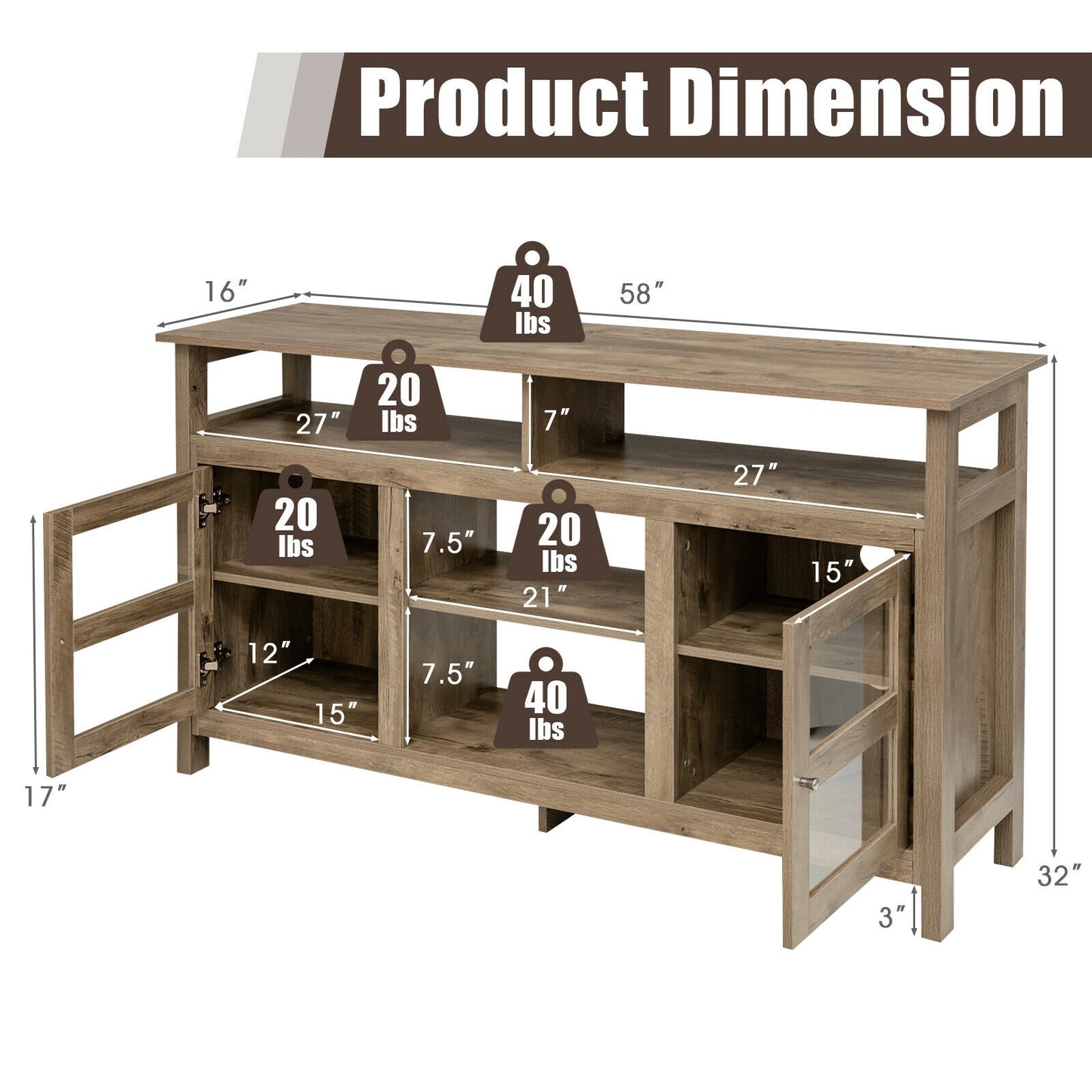 58 Inch TV Stand with Cabinets and Open Shelves for TVs up to 65 Inches, Natural Wood Finish