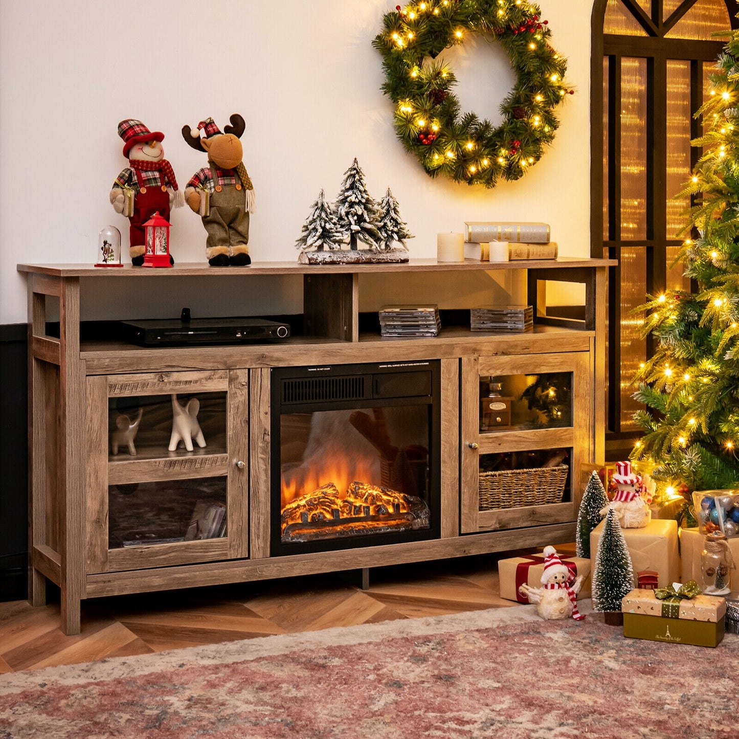 58 Inch TV Stand with Cabinets and Open Shelves for TVs up to 65 Inches, Natural Wood Finish