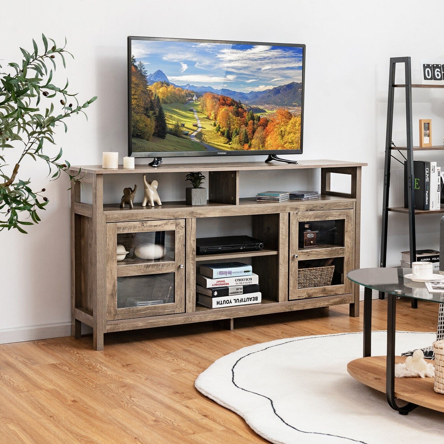 58 Inch TV Stand with Cabinets and Open Shelves for TVs up to 65 Inches, Natural Wood Finish