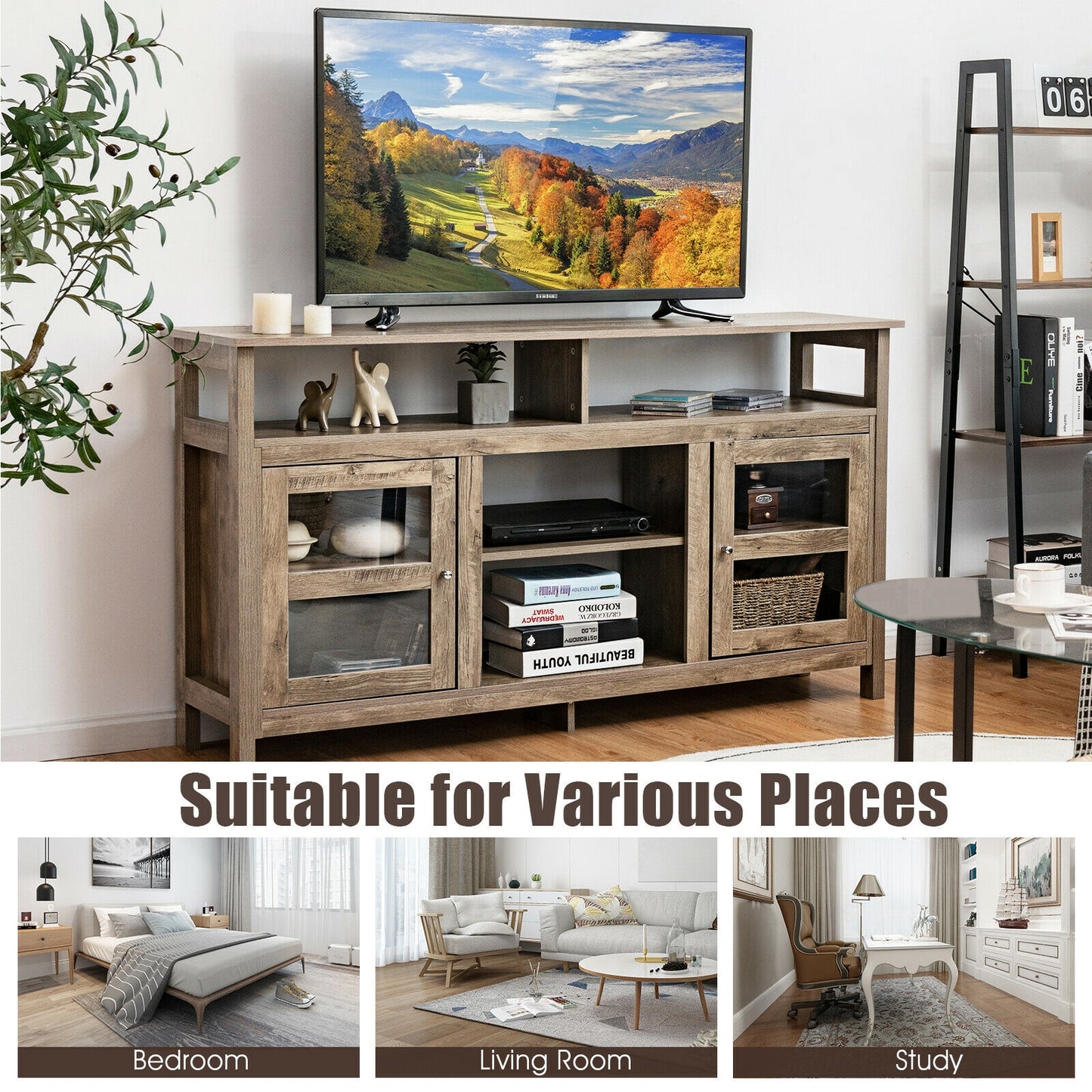 58 Inch TV Stand with Cabinets and Open Shelves for TVs up to 65 Inches, Natural Wood Finish