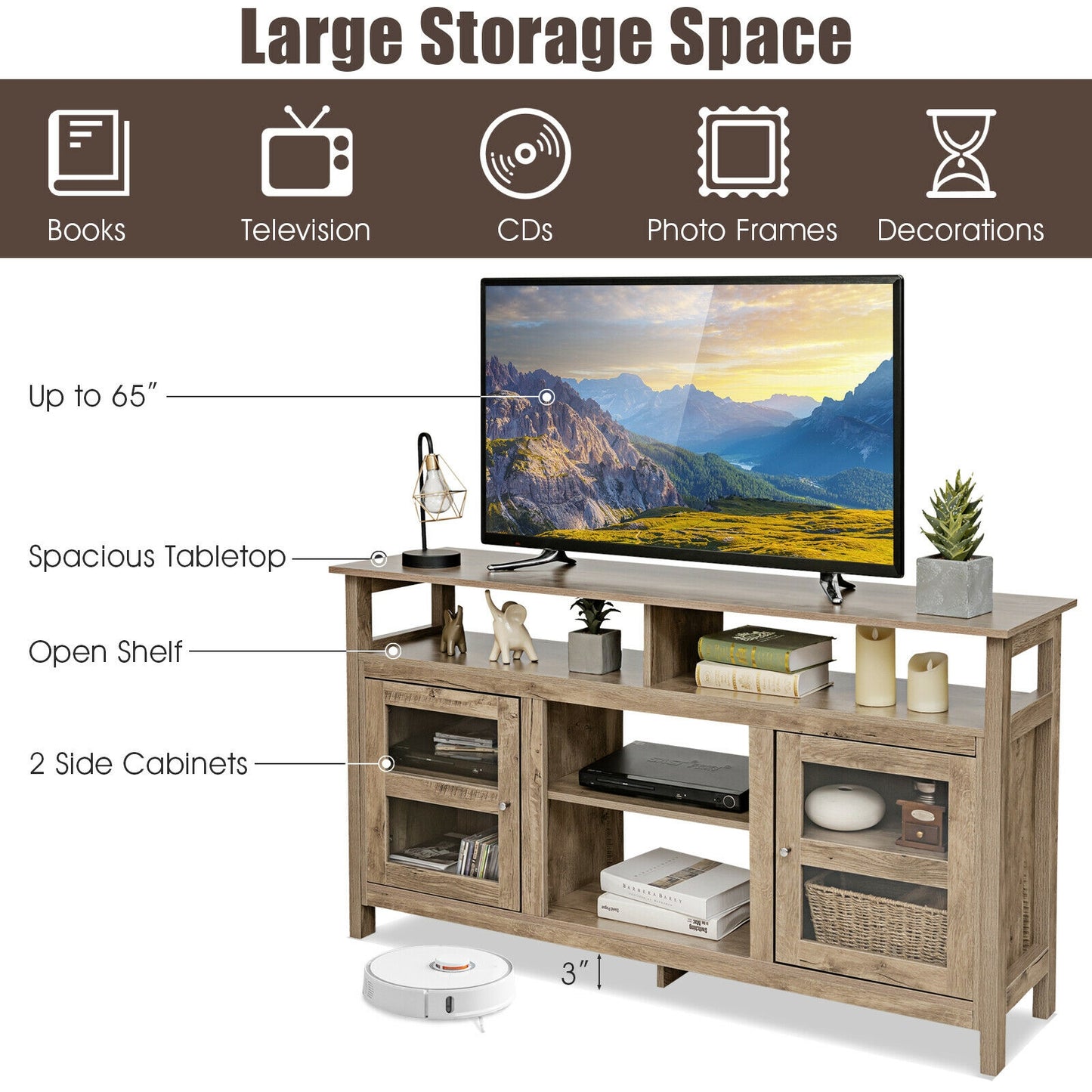 58 Inch TV Stand with Cabinets and Open Shelves for TVs up to 65 Inches, Natural Wood Finish